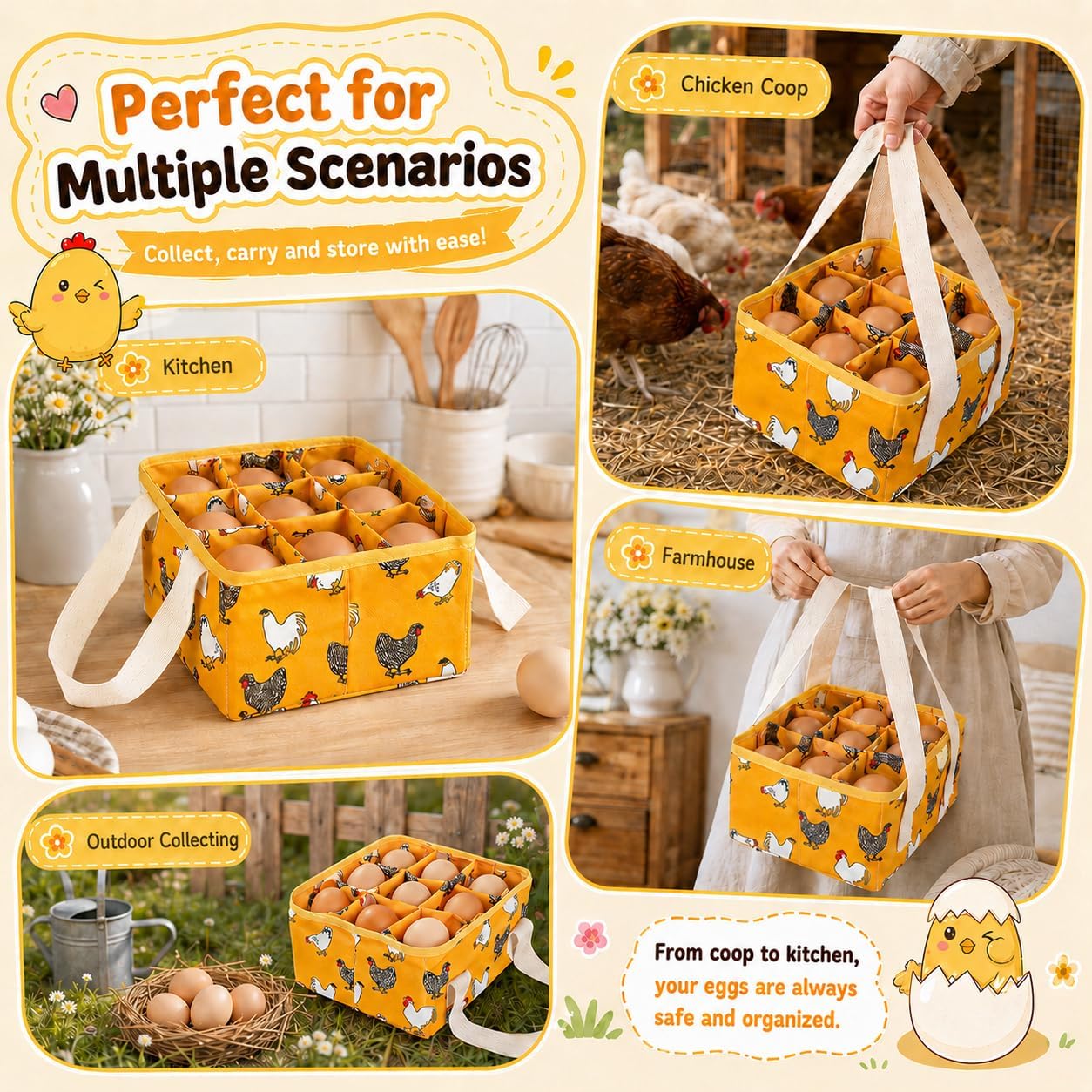 Egg Collecting Basket, 9 Pocket Canvas Chicken Egg Holder, Coop Use