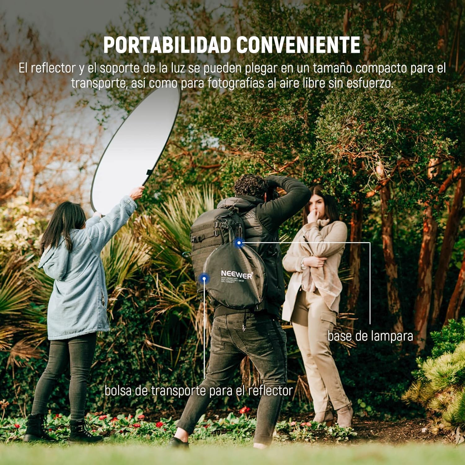 NEEWER Kit de Reflector de Luz de 43"/110cm, Reflector Redondo Plegable 5 en 1 (Translúcido/Plateado/Dorado/Blanco/Negro), Abrazadera de Metal y Soporte Corto de 21"-43"/53-110cm para Fotografía