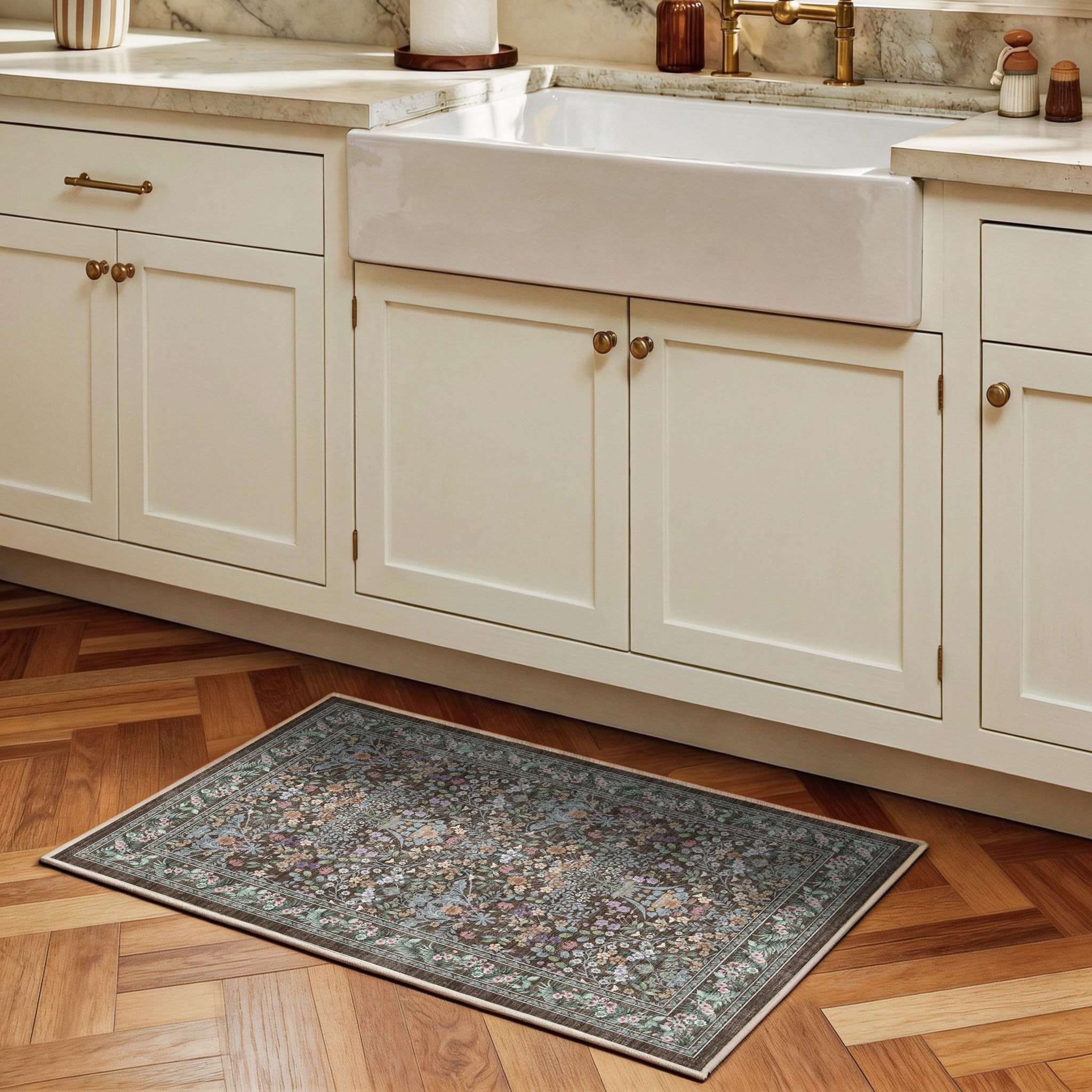 Decoranddecor Floral Entryway Rug, 60x90cm – Non-Slip, Stain Resistant, Pet Friendly, Vintage Style Bedroom Easy Clean Durable Carpet – Orlina — image 1