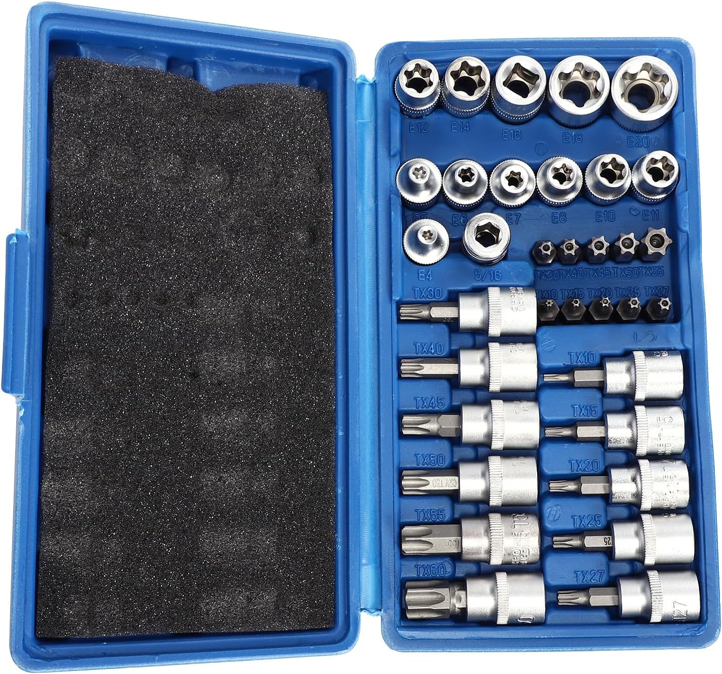 34pcs Steel E Socket and Metal Star Bit Socket Set Automotive Repair Hand Tool Kit with External Torque for Car and Truck Maintenance