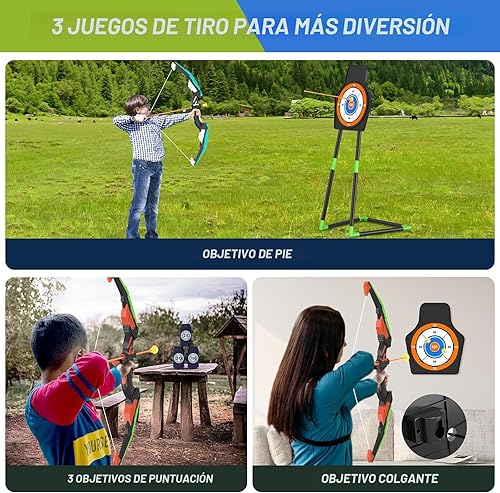 Miniatura 2 de Paquete de 2 arcos y flechas para niños, juego de tiro con luz LED con 24 flechas de ventosa, 1 objetivo de pie, 6 objetivos de puntuación y 2