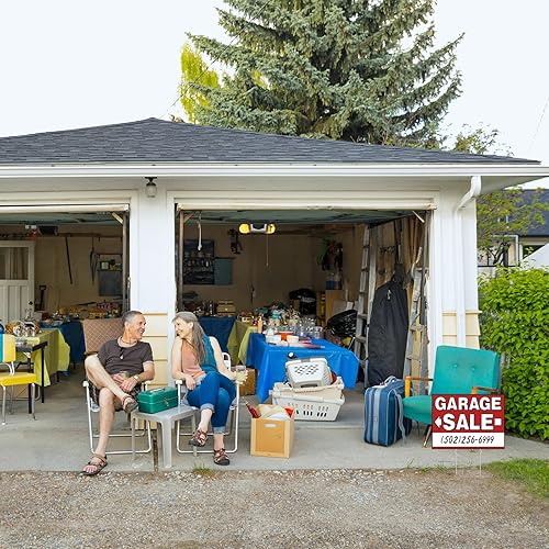 Miniatura 5 de Paquete de 4 letreros de venta de garaje de doble cara de 17 x 13 pulgadas con estacas, letreros de venta de patio Waterpoof para eventos de venta,