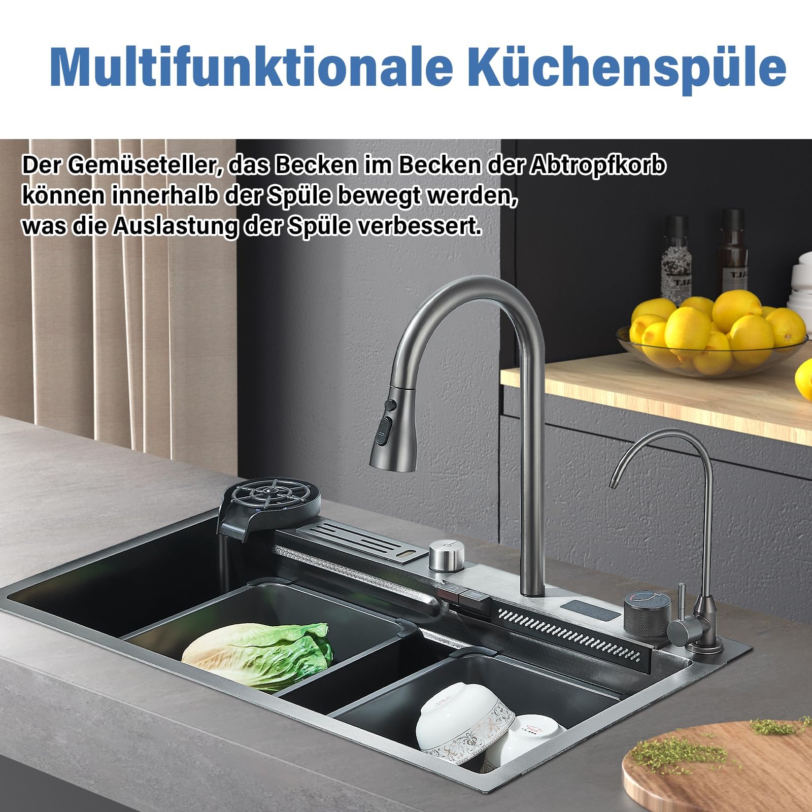 Lavello da cucina a cascata, nero, 75 x 45 cm, 1 vasca, in acciaio inox, rettangolare, troppopieno e scarico, multifunzionale, moderno lavello a cascata con rubinetto per acqua potabile