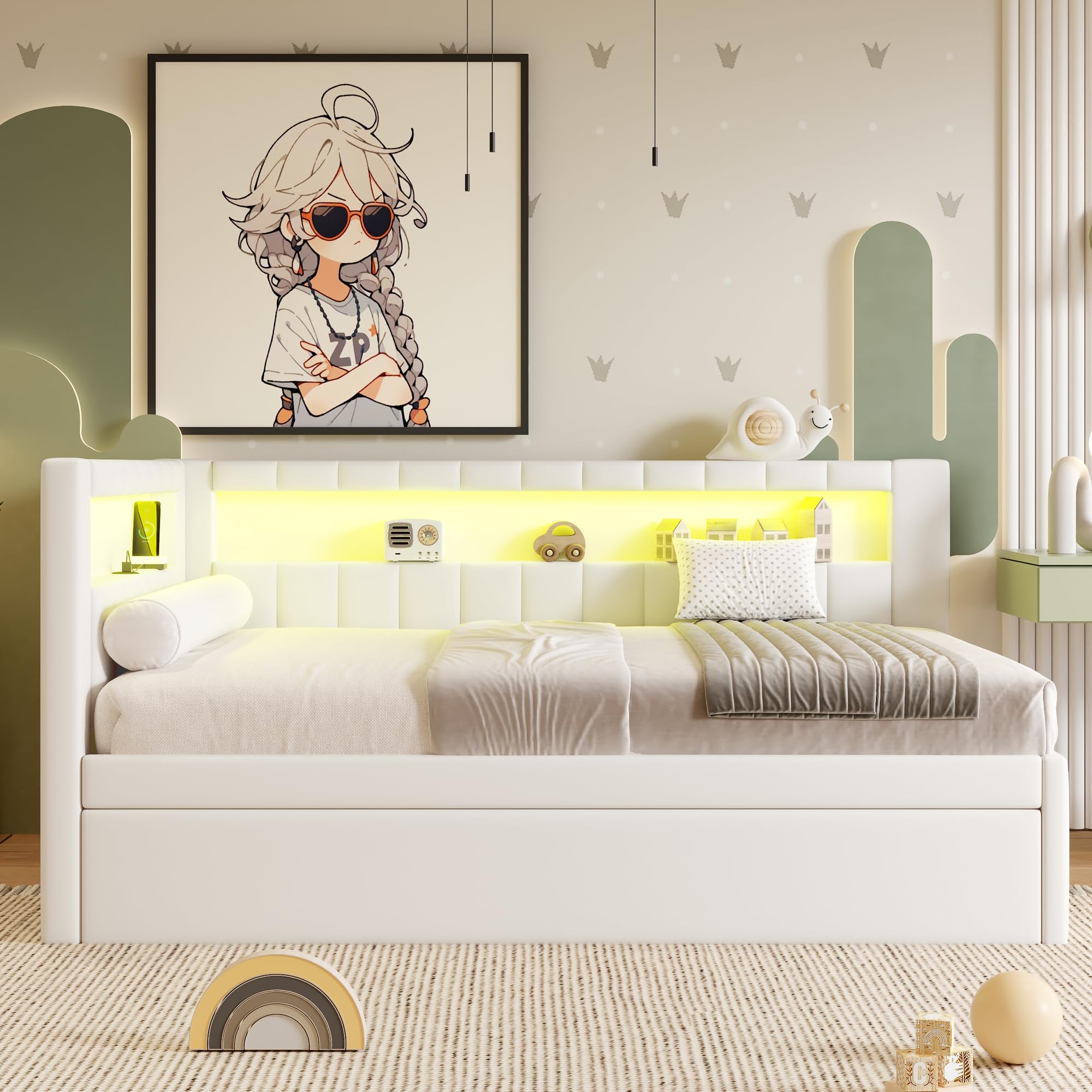 Bellemave Full Size Daybed with Trundle and Storage Headboard, Upholstered Corner Bed with Charaging Station and LED Belt for Boys Girls Kids Tenns