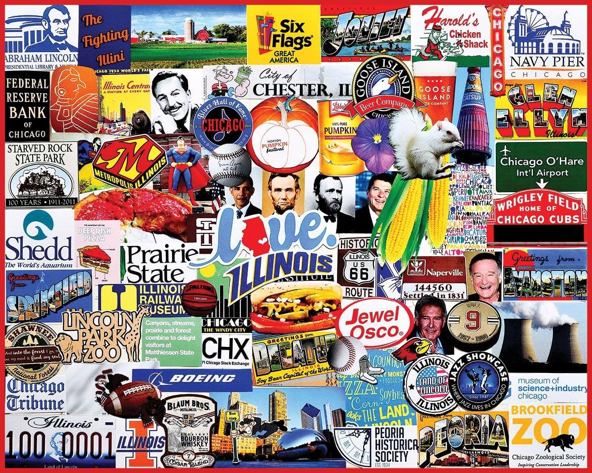 White Mountain 1000 Piece Jigwas Puzzle Prairie State Collage Puzzles with Large Pieces for Adults and Family 24"x30" - I Love Illinois