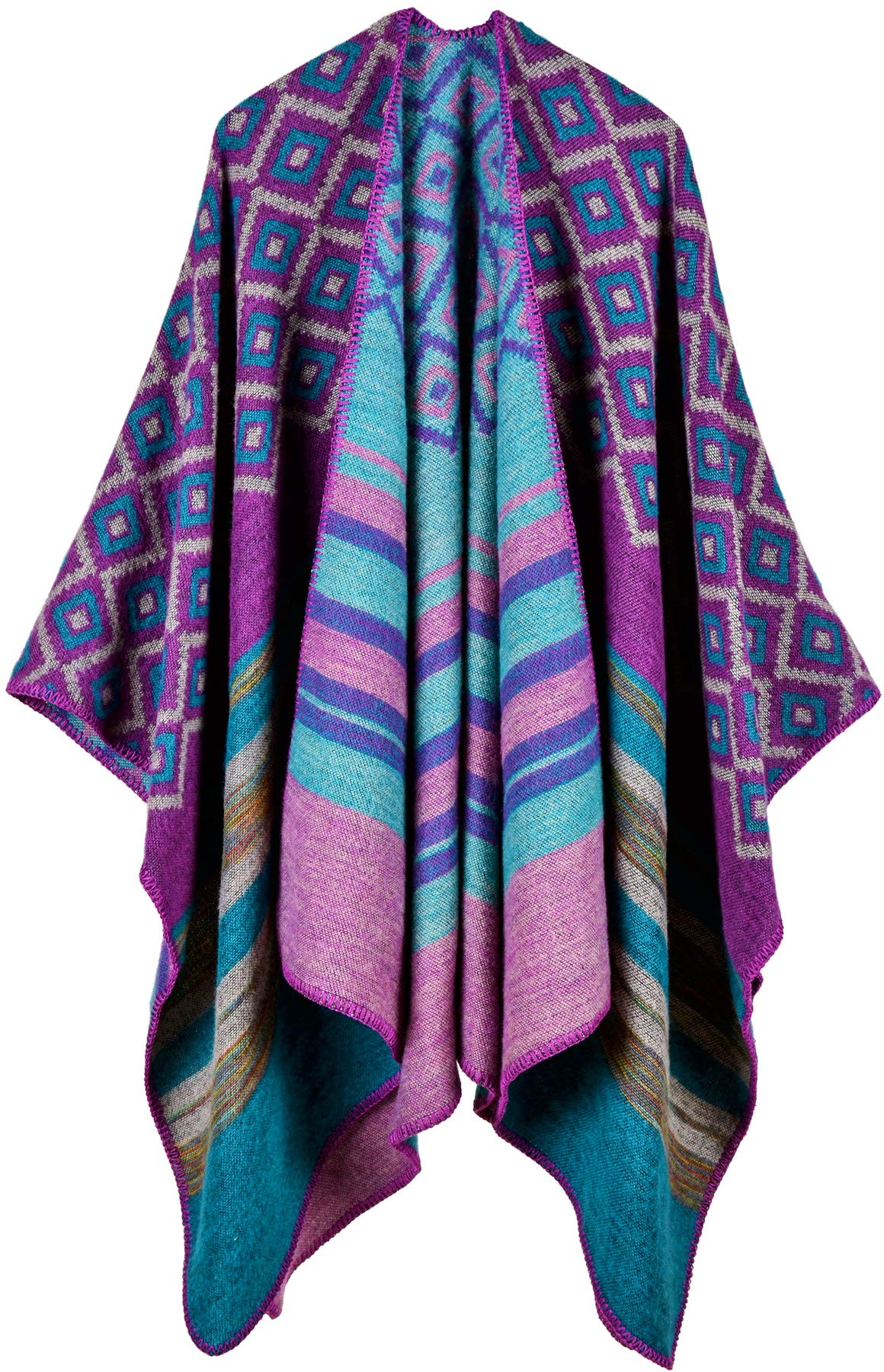 Womens Reversible Oversized Blanket Poncho Cape Shawl Cardigans (One Size, Lattice stripes/Peuple)
