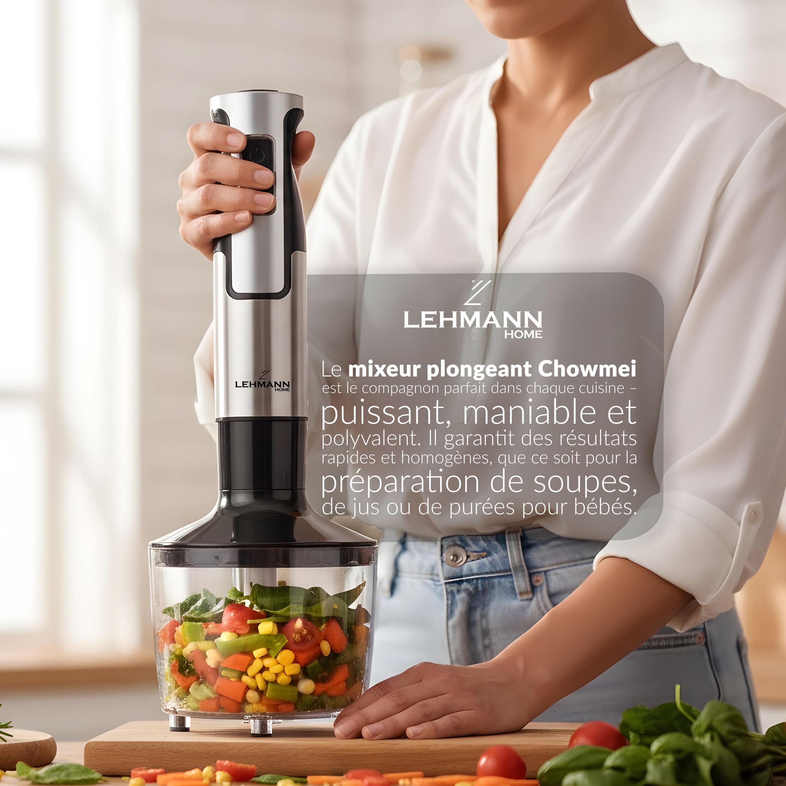 LEHMANN Chowmei 5-en-1 Mixeur Plongeant 1200 W, Réglage de vitesse à 8 niveaux, Fonction Turbo, Mixeur Multifonction avec 6 accessoires - Batteur, Fouet, Hachoir 600 ml, Verre Doseur 860 ml