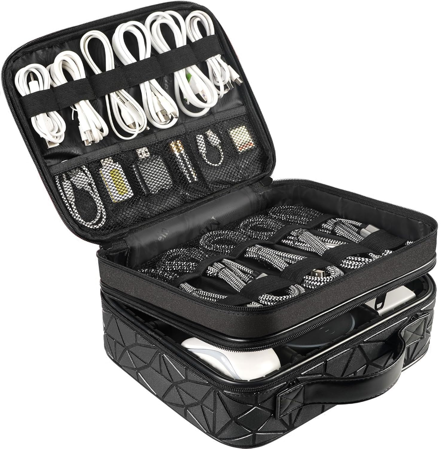 MATEIN Borsa Porta Cavi da Viaggio Grande, Organizer Cavi a Doppio Strato con Divisori Rimovibili, Impermeabile e Antiurto, per Caricabatterie, Power Bank e Accessori Elettronici, Nero