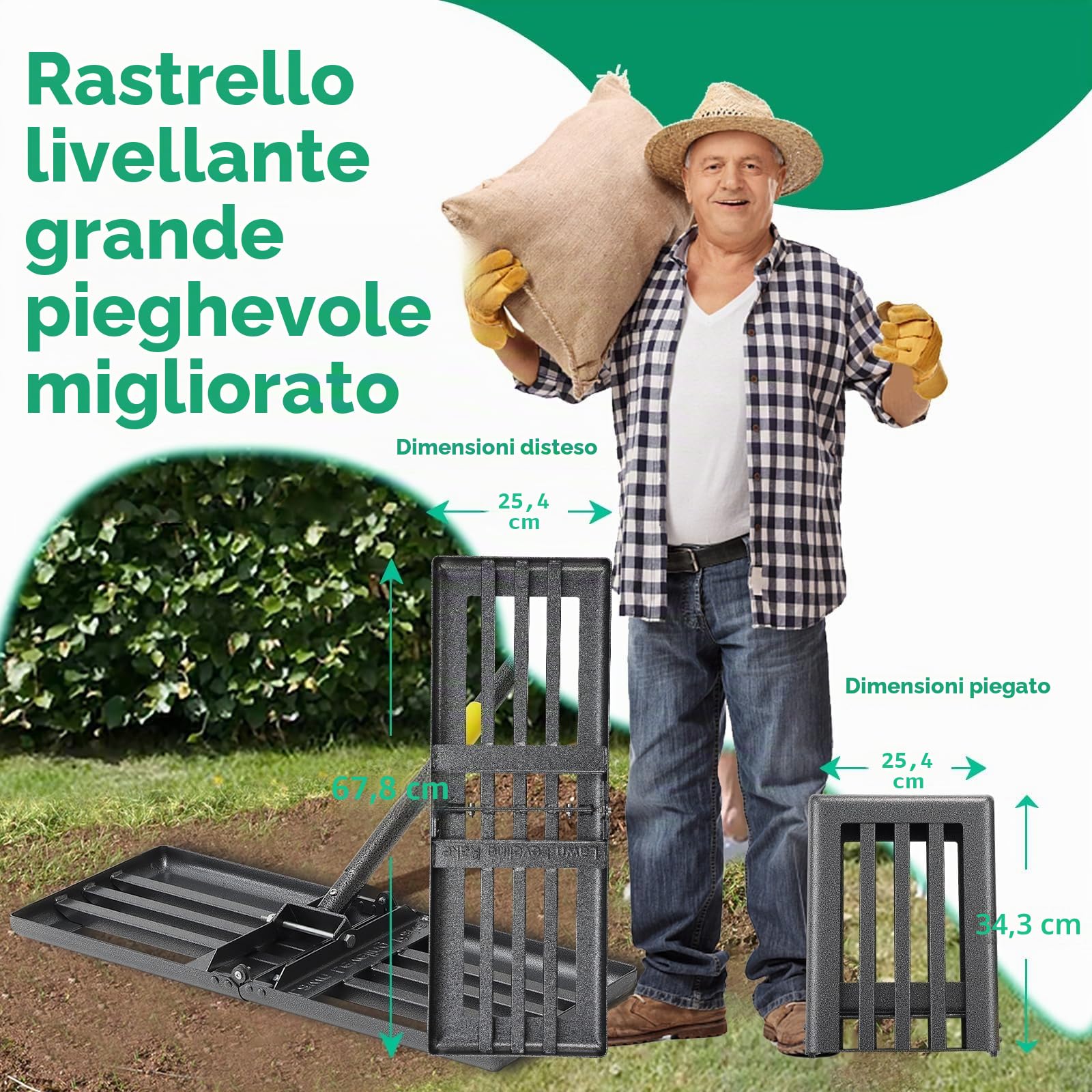 Rastrello per prato per livellamento, in acciaio inox, 157 cm, giardino, cortile