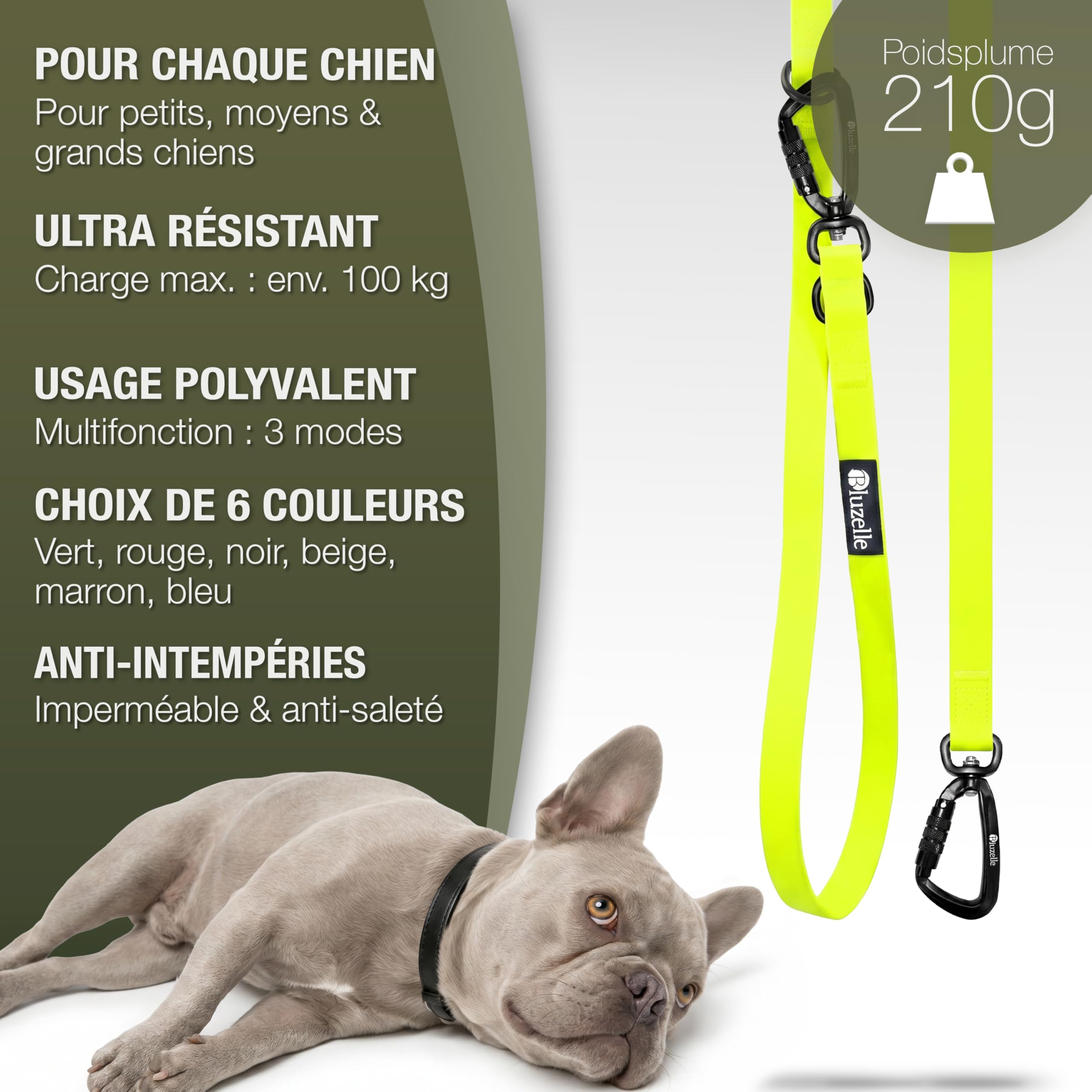 Laisse Chien Étanche Solide 3m pour Chiens Petits à Grands (10-100kg) – Bandoulière Réglable – WEATHERGUARD – 2X Mousquetons de Sécurité – Marque Allemande, Couleur:Jaune Fluo