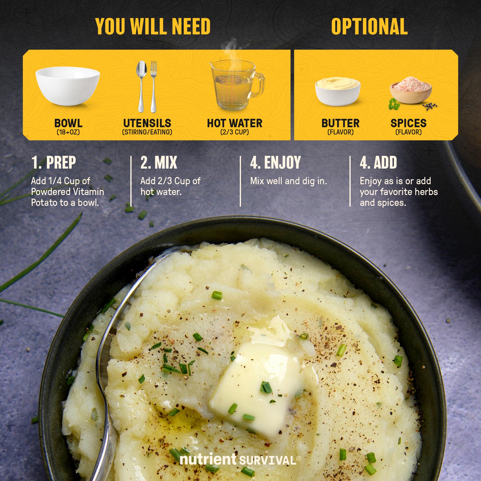 Nutrient Survival Fiocchi di patate, patate vitaminiche in polvere (4 lattine, 30 porzioni per lattina) per purè di patate, zuppe, forniture alimentari di emergenza e forniture da campeggio, 38