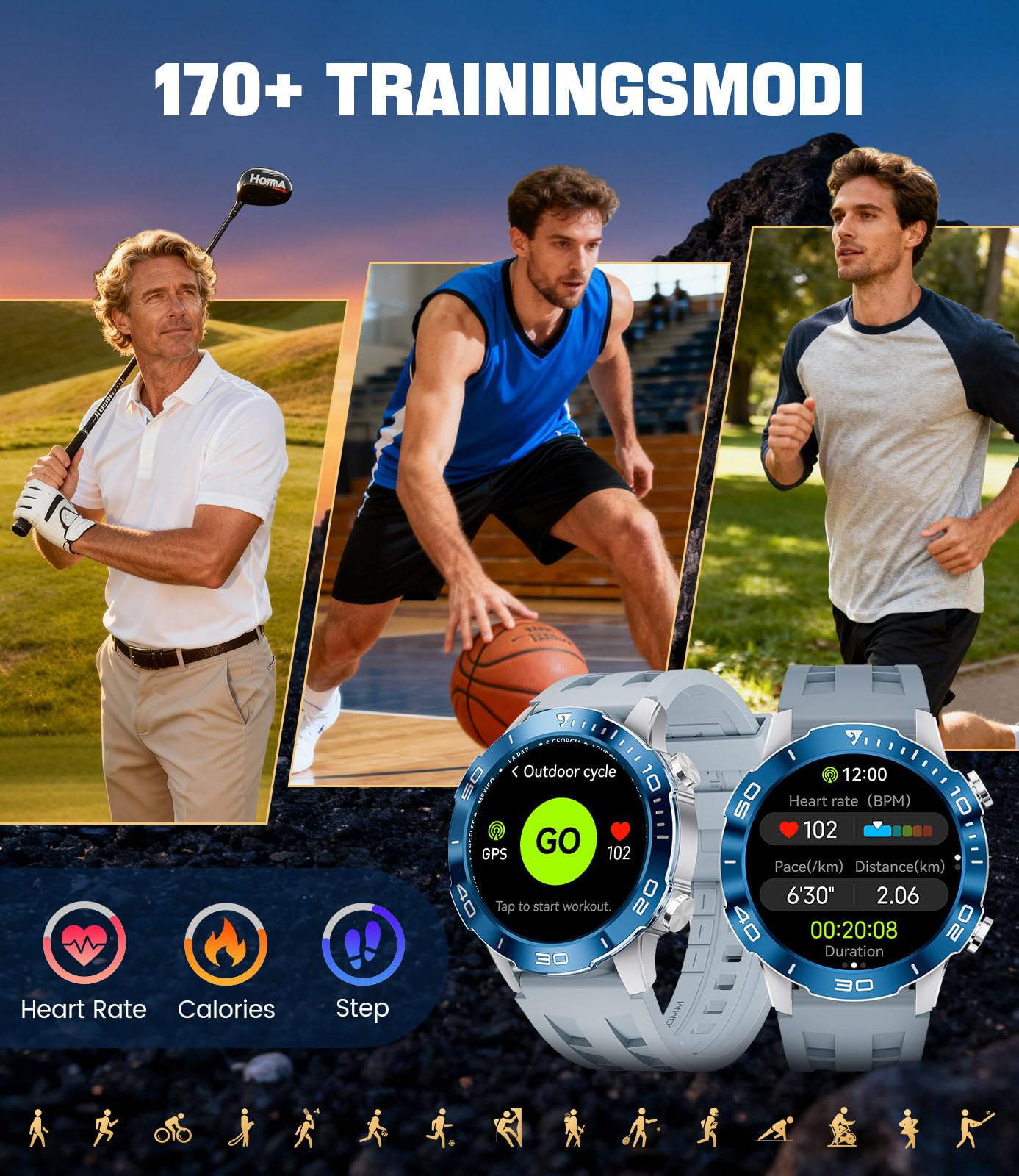 LIGE Smartwatch Herren mit Telefonfunktion, AMOLED Smart Watch für Android/iOS, IP68 Wasserdicht, 24/7 Herzfrequenz/Schlafmonitor, 170+ Sports, 300+ Zifferblätter, Silbernem Gehäuse & Blauer Blende
