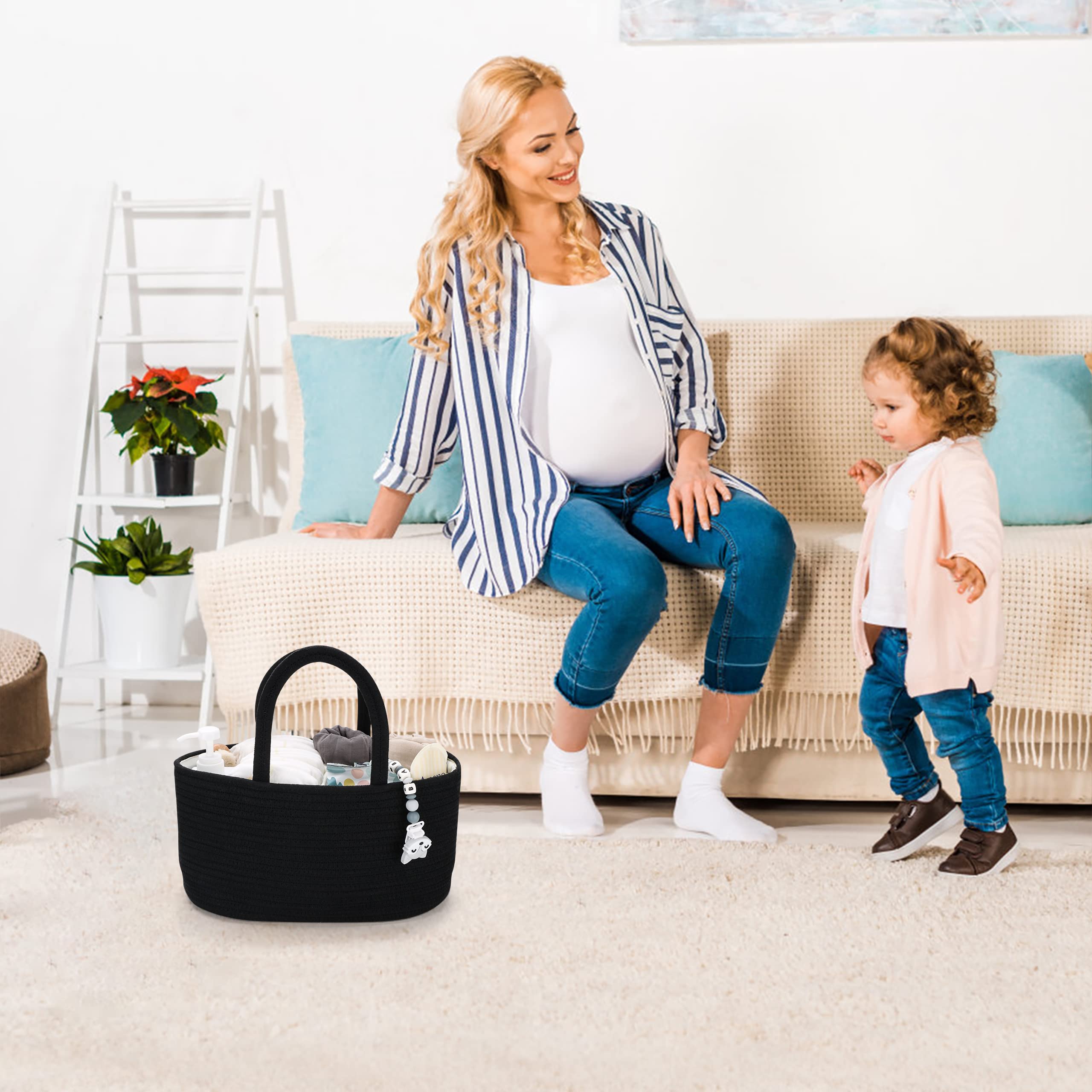 Organizador de pañales para bebés, cesta de almacenamiento para la habitación del bebé con cordón de algodón, bolsa portátil, bolsa para cambiador, y viajes en coche, regalos para baby shower