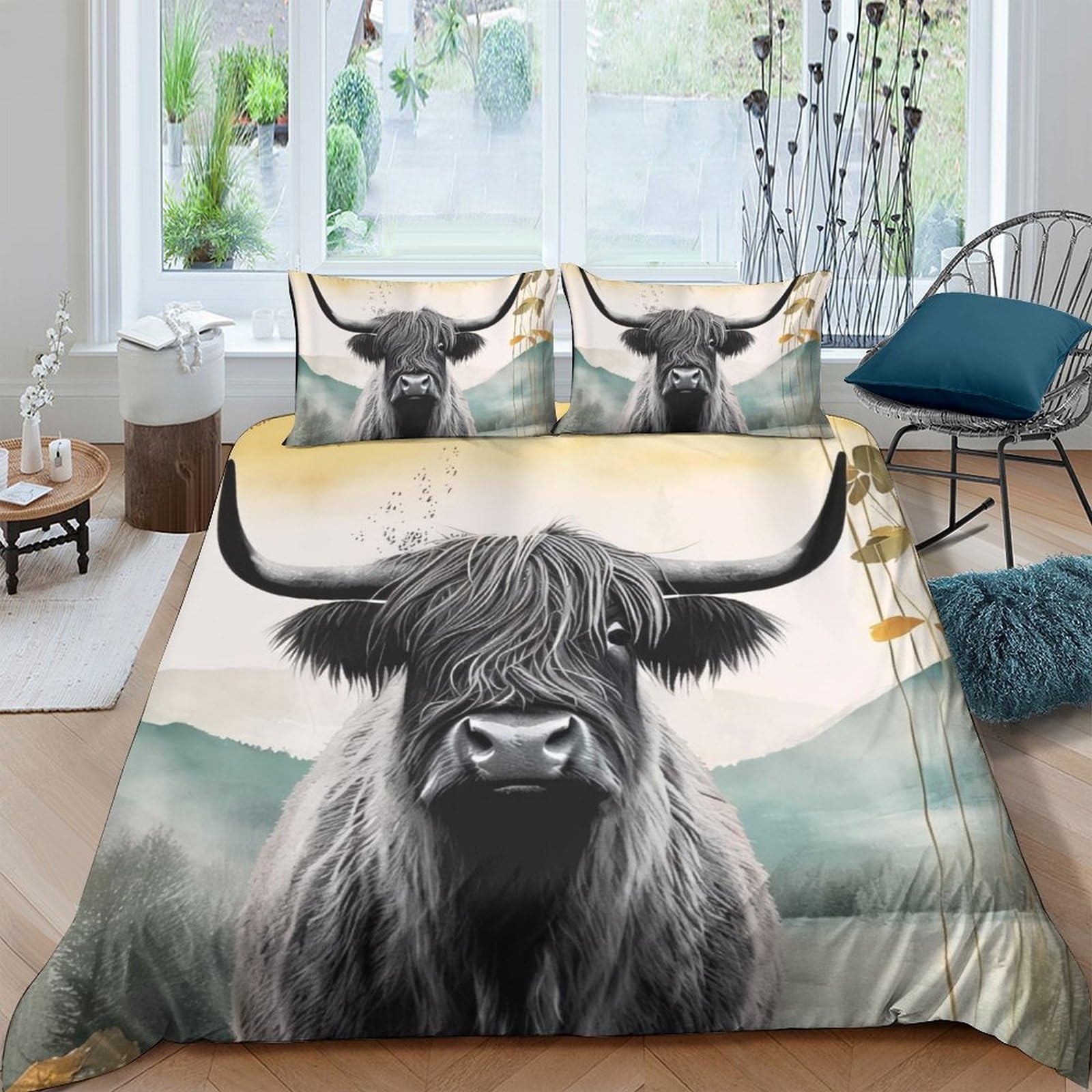 Ctjqhvkz Style-7 3D Printed Highland Cow Fitted Sheet Microfiber Soft Breathable Misty Mountain Bed Cover For Bedroom Dorm Decor Single（135X200cm）