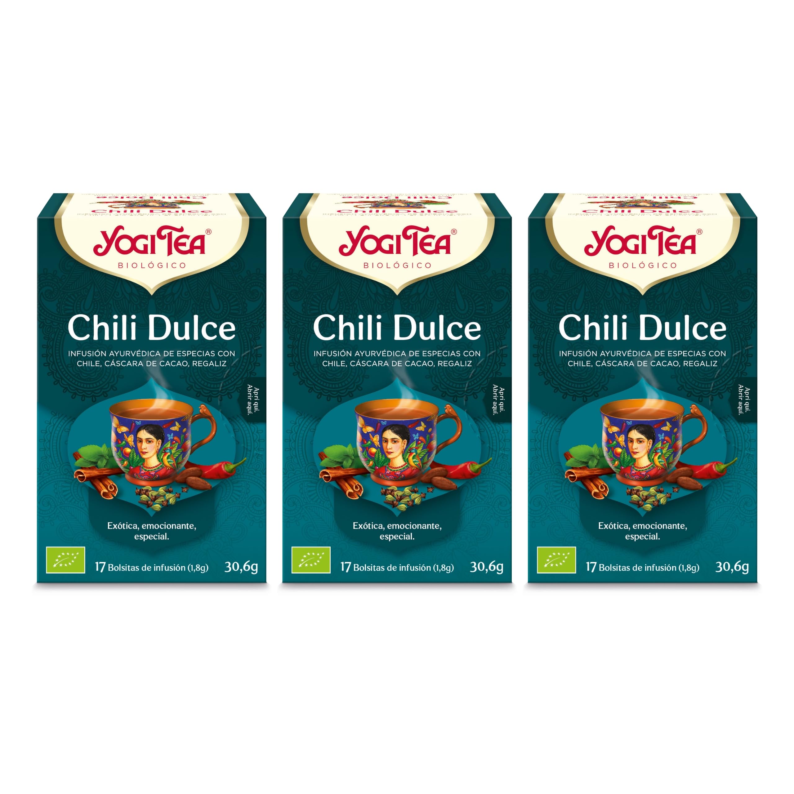 Yogi Tea - Chili Dulce - Infusión Ayurvédica - Mezcla de Cáscara de Cacao, Chili y Regaliz - Pack de 3x17 bolsitas (51 en total)
