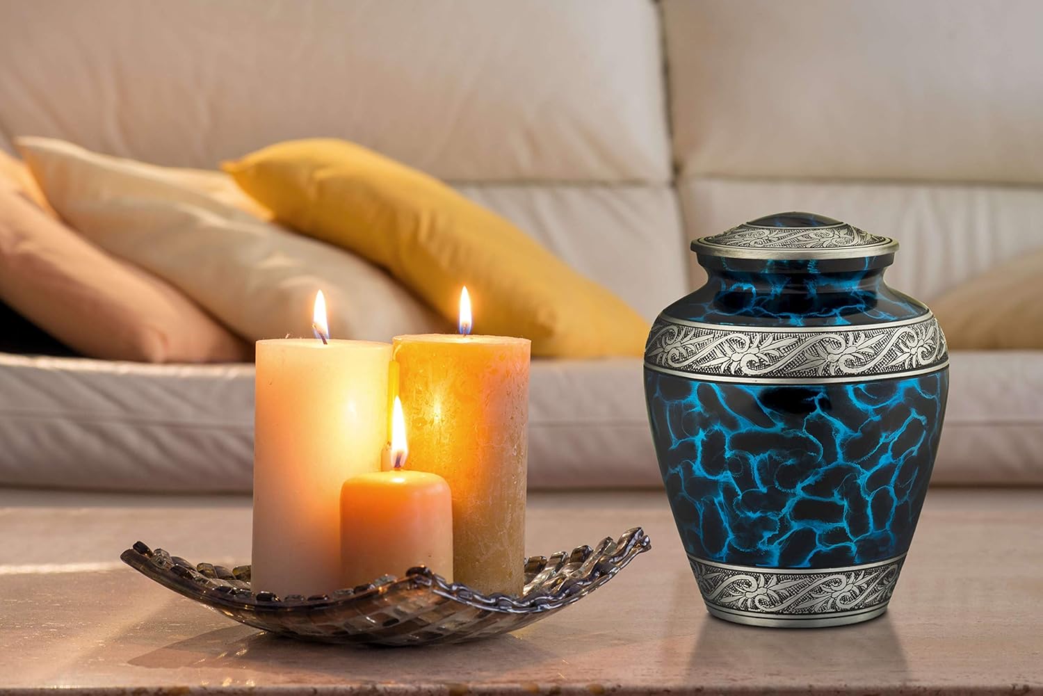 New Deal Enshrined Memorials Cremation Urn for Ashes - Oceanus - Series Affordable Solid Aluminum Metal Quality Handcrafted for Human Funeral Burial Blue Cloud with Leaves