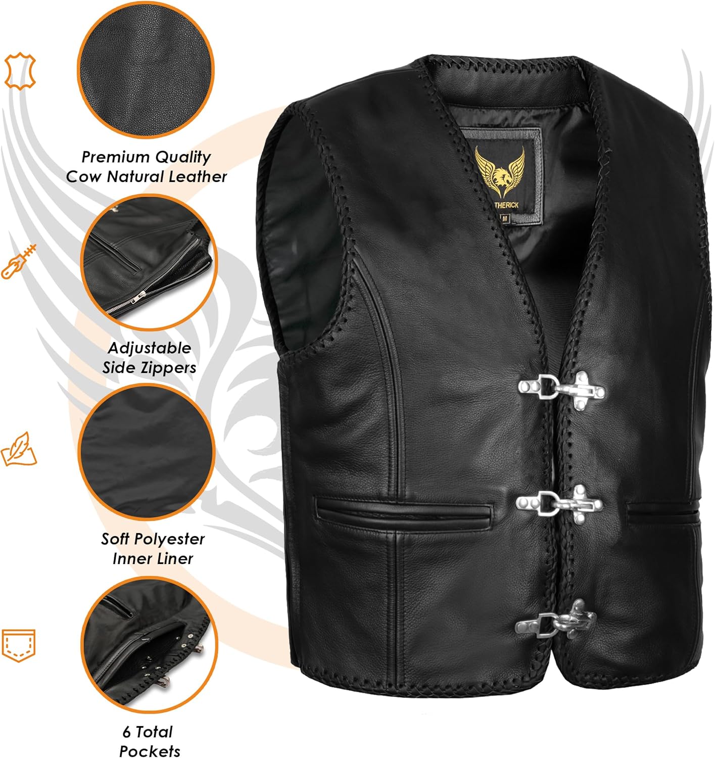 Leatherick Black Genuine Leather Motorcycle Waistcoat | Braided Biker Vest with Fish Hook Buckle and Adjustable Sides