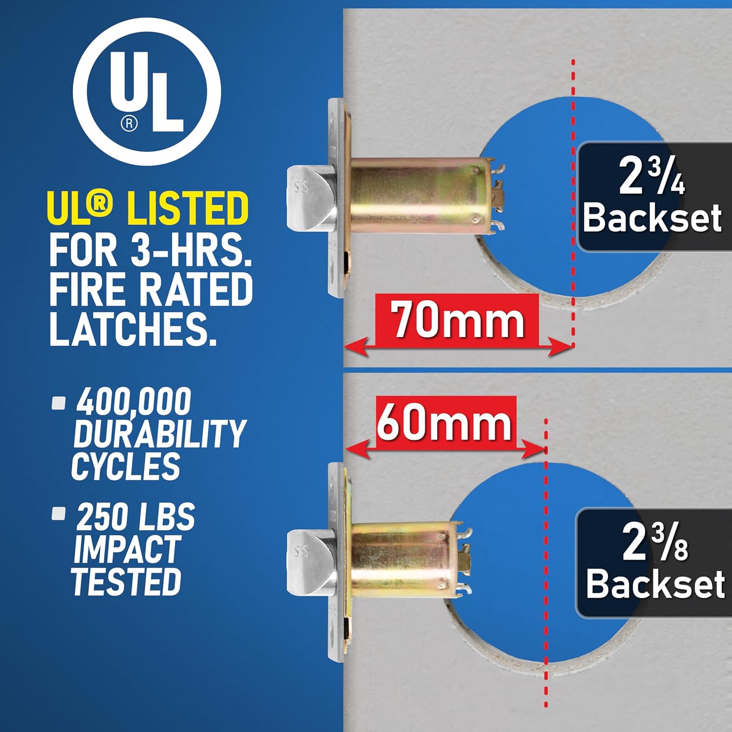 Deadlatch Replacement : Keyed Knob & Lever Door Lock : 2 3/4 Inch 70mm & 2 3/8 Inch 60mm Backsets : Keyed Entry Fire Rate Replacement Deadlatch : Universal Square Corner Dead Latch Commercial Grade 2