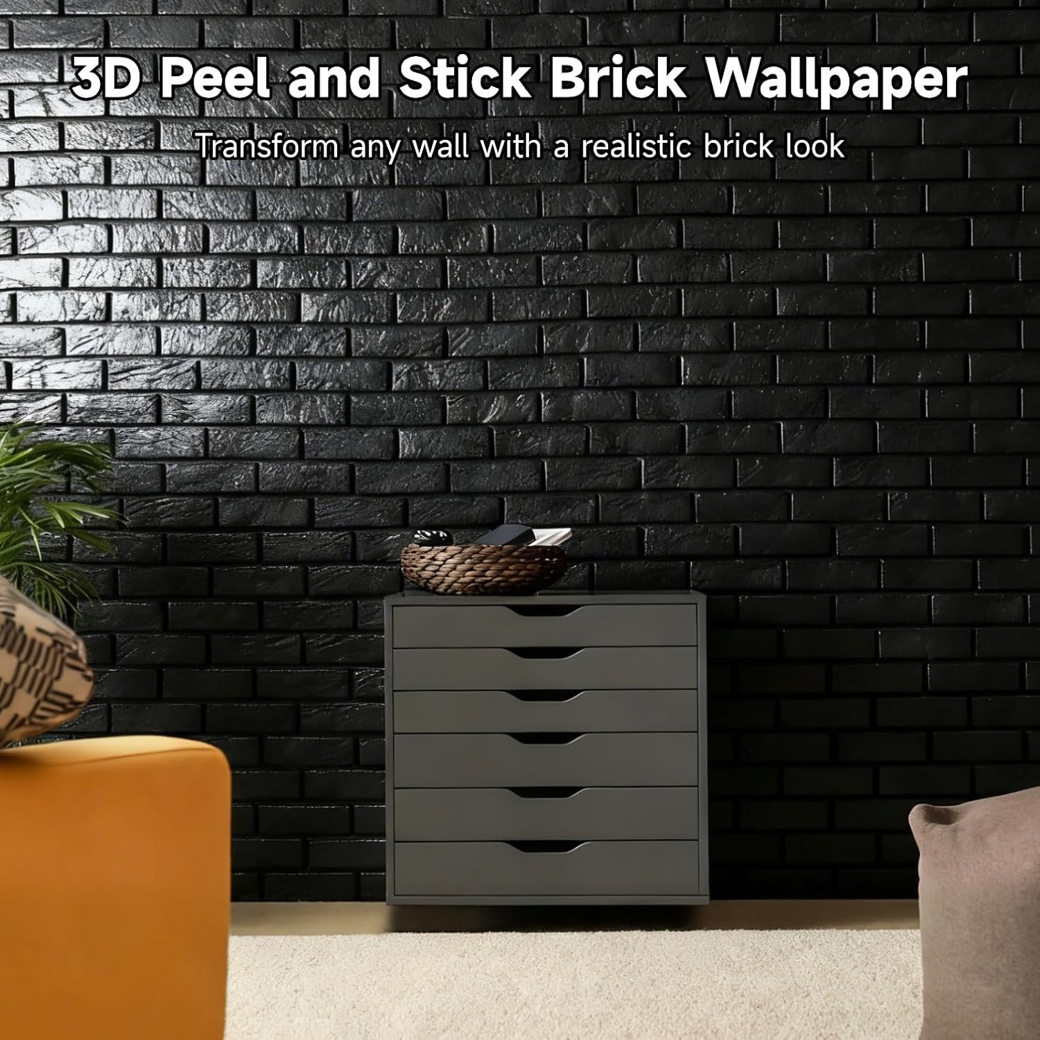 30PCS 3D Wall Panels Peel and Stick Brick Wallpaper, 11.8 x 11.8 in Black Waterproof Brick Wallpaper Peel and Stick for Bedroom, Living Room, TV Wall Decor (Black)