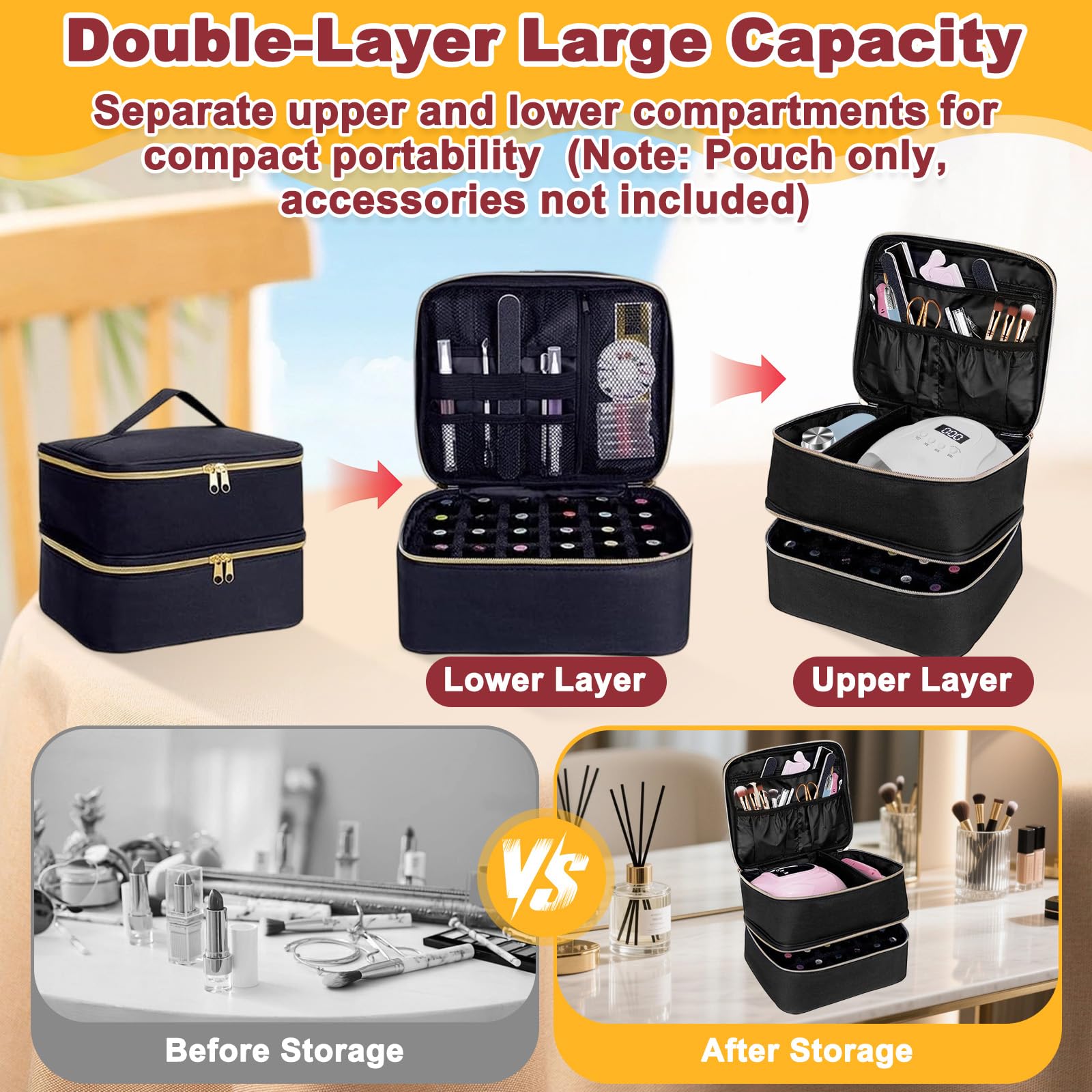 Porta Smalti Organizer Doppio Strato con Maniglie e Divisori Regolabili, Trousse da Viaggio Portatile Nera Capiente per Unghie 30 Flaconi, Pennelli Trucci, Rossetti e Prodotti Bellezza