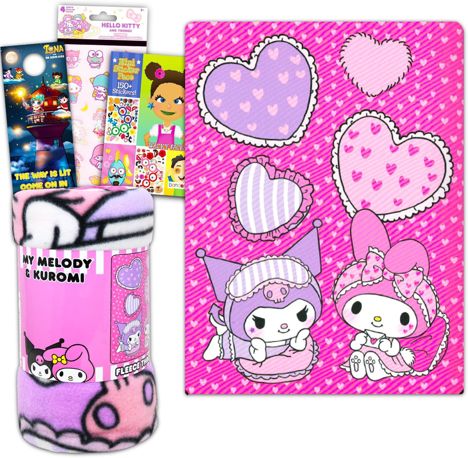 Hello Sanrio Sanrio Hello Kitty Fleece Blanket Set - My Melody and Kuromi Blanket Bundle with Hello Kitty Stickers and More for Kids Full