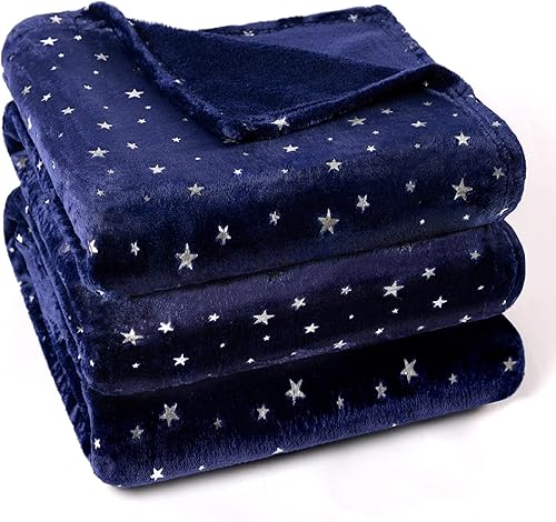 Miniatura 8 de Stellhome Manta azul marino, ultra suave, gruesa, de franela con estampado de estrellas, manta de cama de forro polar para sofá, tamaño individual