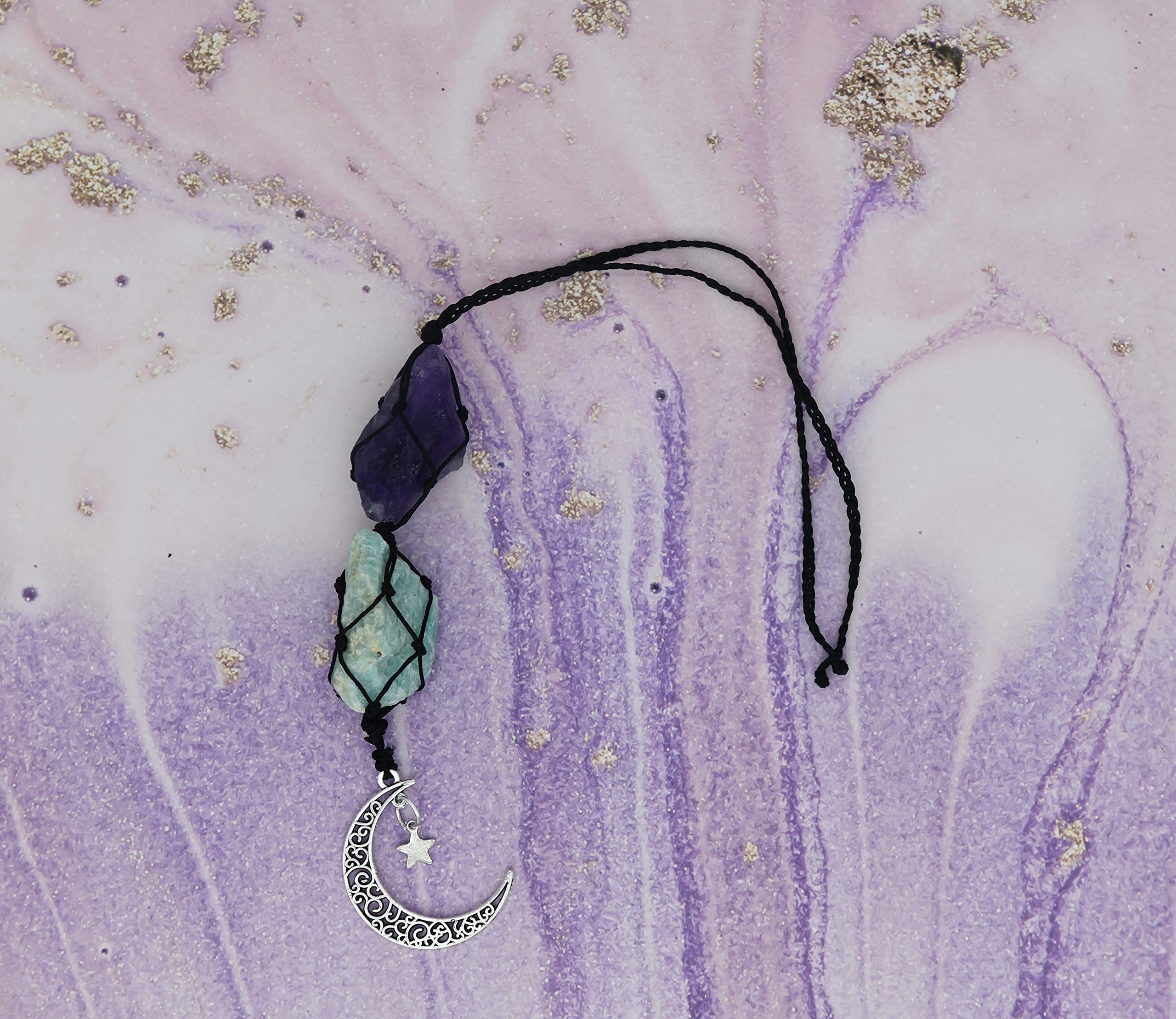 BOHO GARDEN Hanging Car Charm - Amethyst Amazonite - Dangling Moon Healing Crystal Accessories Rearview Mirror Decorations - — view 5