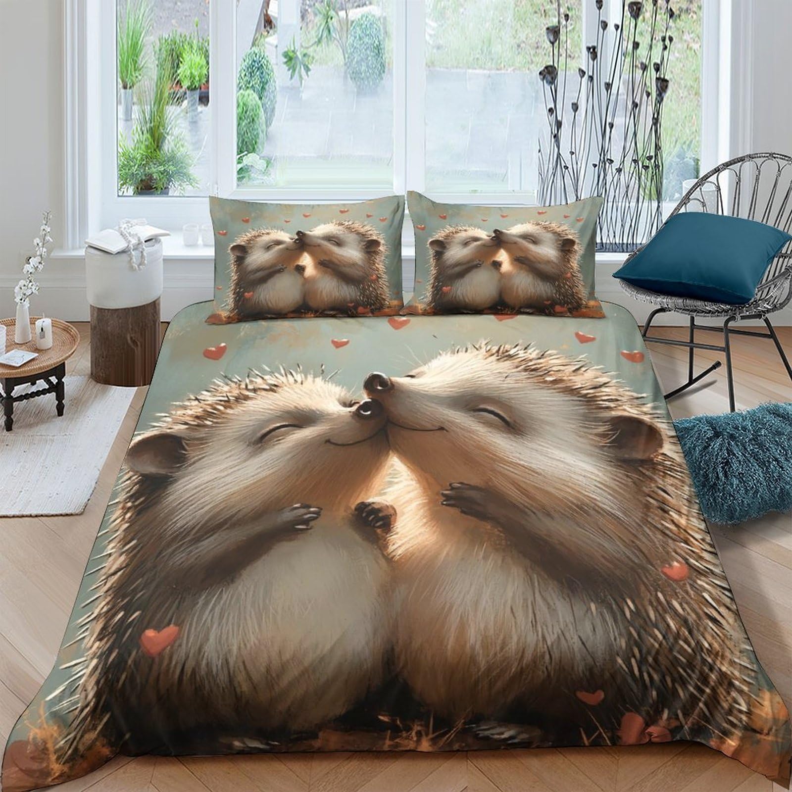 Ctjqhvkz Style-3 3D Printed Kissing Hedgehog Fitted Sheet Microfiber Soft Breathable Autumn Forest Bed Cover For Bedroom Dorm Mattress Decor Single（135X200cm）