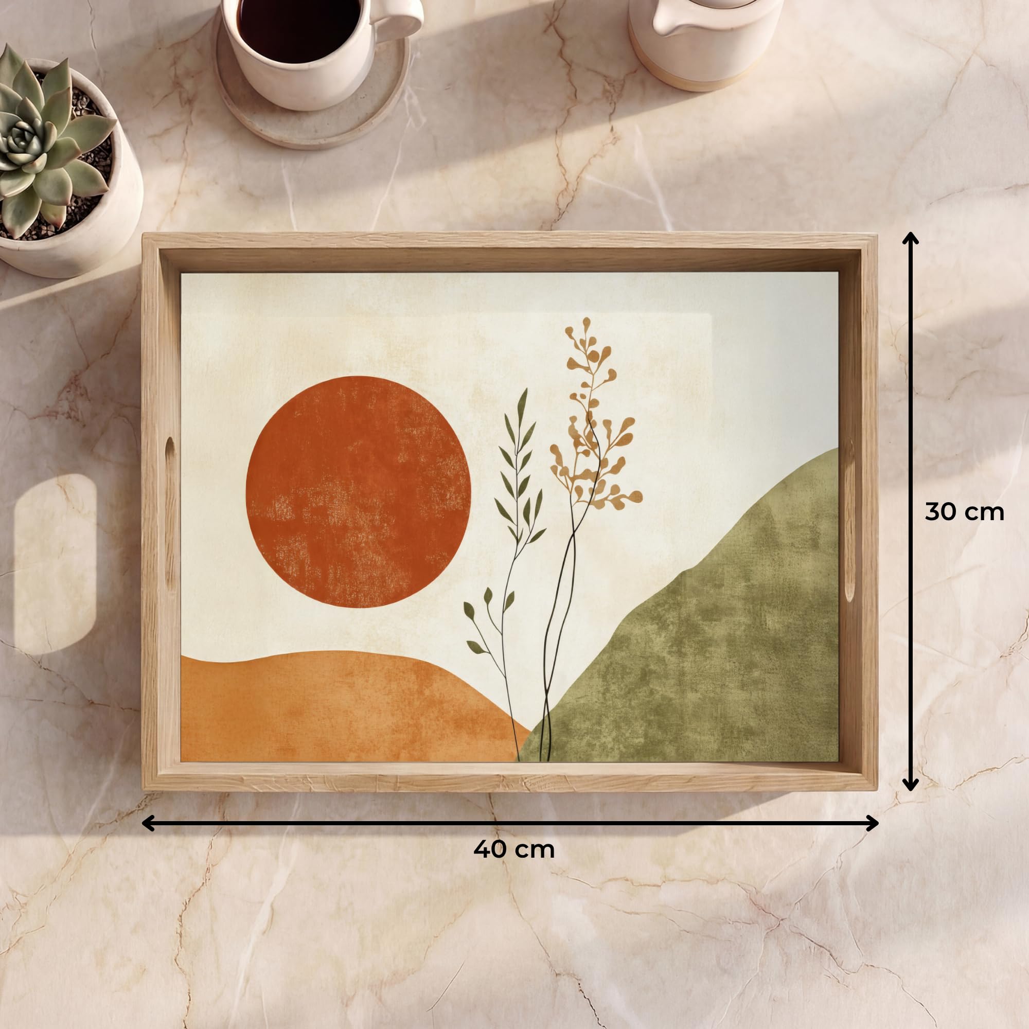 Holztablett Rechteckig 40x30 cm Küchentablett Servier Tablett Eiche Serviertablett Holz Servierplatte Mit Henkel Tray Kaffeetablett Sonne - Abstrakt - Äste - Orange