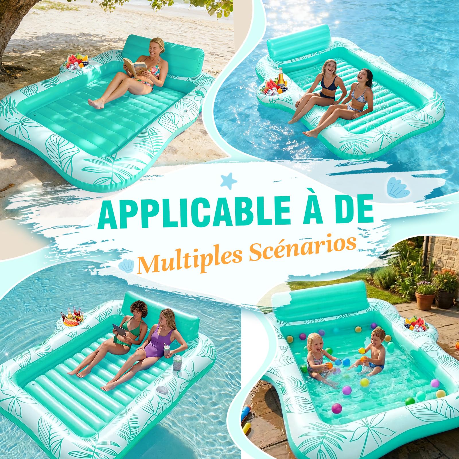 Charmofun Double Piscine de Bronzage Gonflable, 230 * 180 cm Matelas Gonflable Bronzage Tanning Pool avec Bac à Glaçons & Pochette Étanche, Matelas Eau Bronzage pour Adultes Jardin Plage Piscine