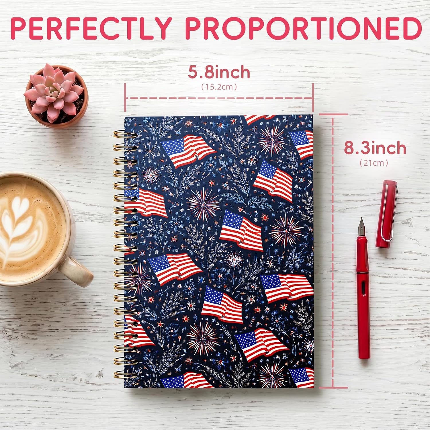 A5 Aesthetic Spiral Notebook for Women, Lined Journal for Writing, 5.8" x 8.3" College Ruled Hardcover Notebook for Work, School & Daily Notes, 100 GSM Thick Paper, 120 Pages, American Flags And Sparkles Pattern image 2