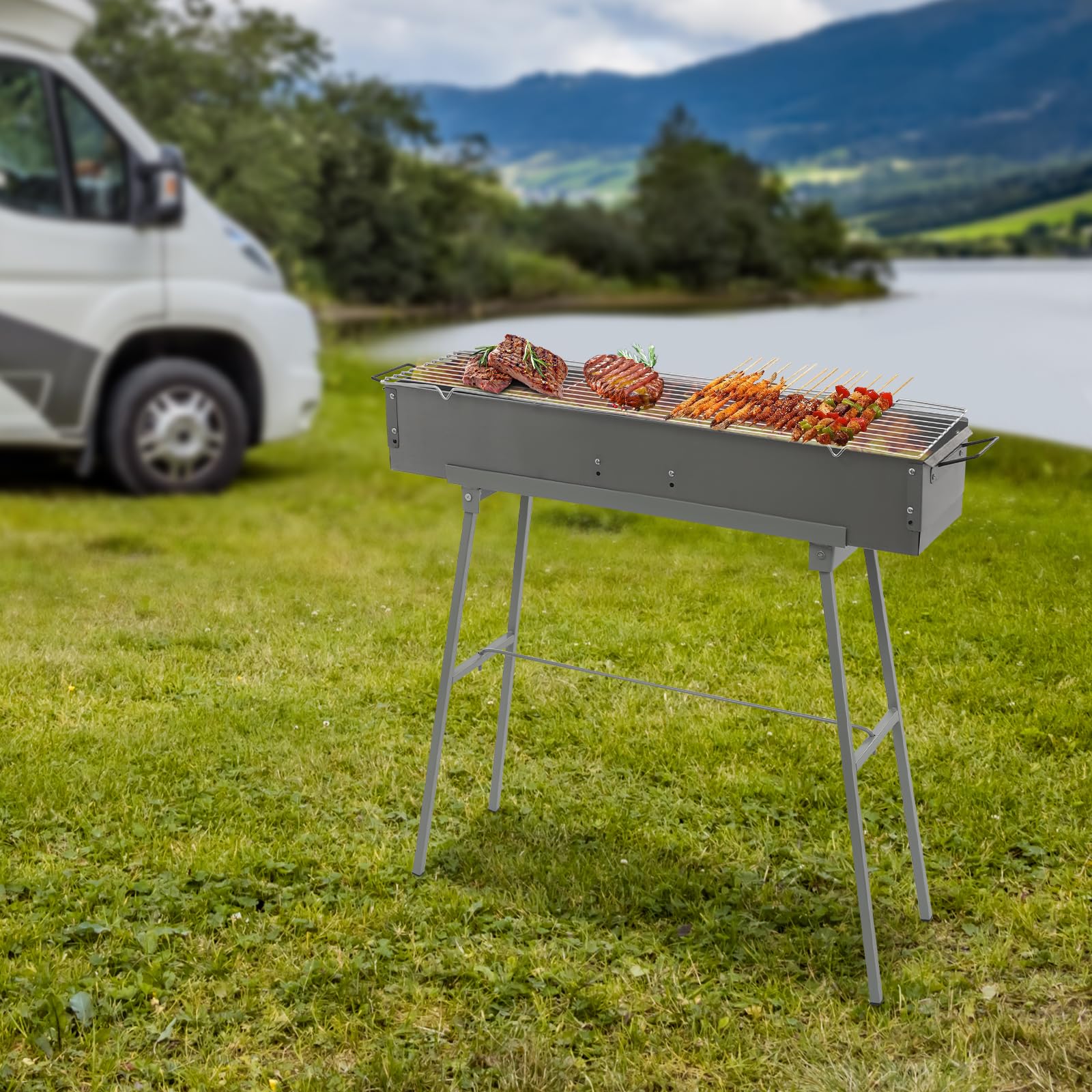 Składany grill kempingowy, grill z kratką i drążkiem podporowym, 80 x 18 x 13 cm, mobilny składany grill ogrodowy