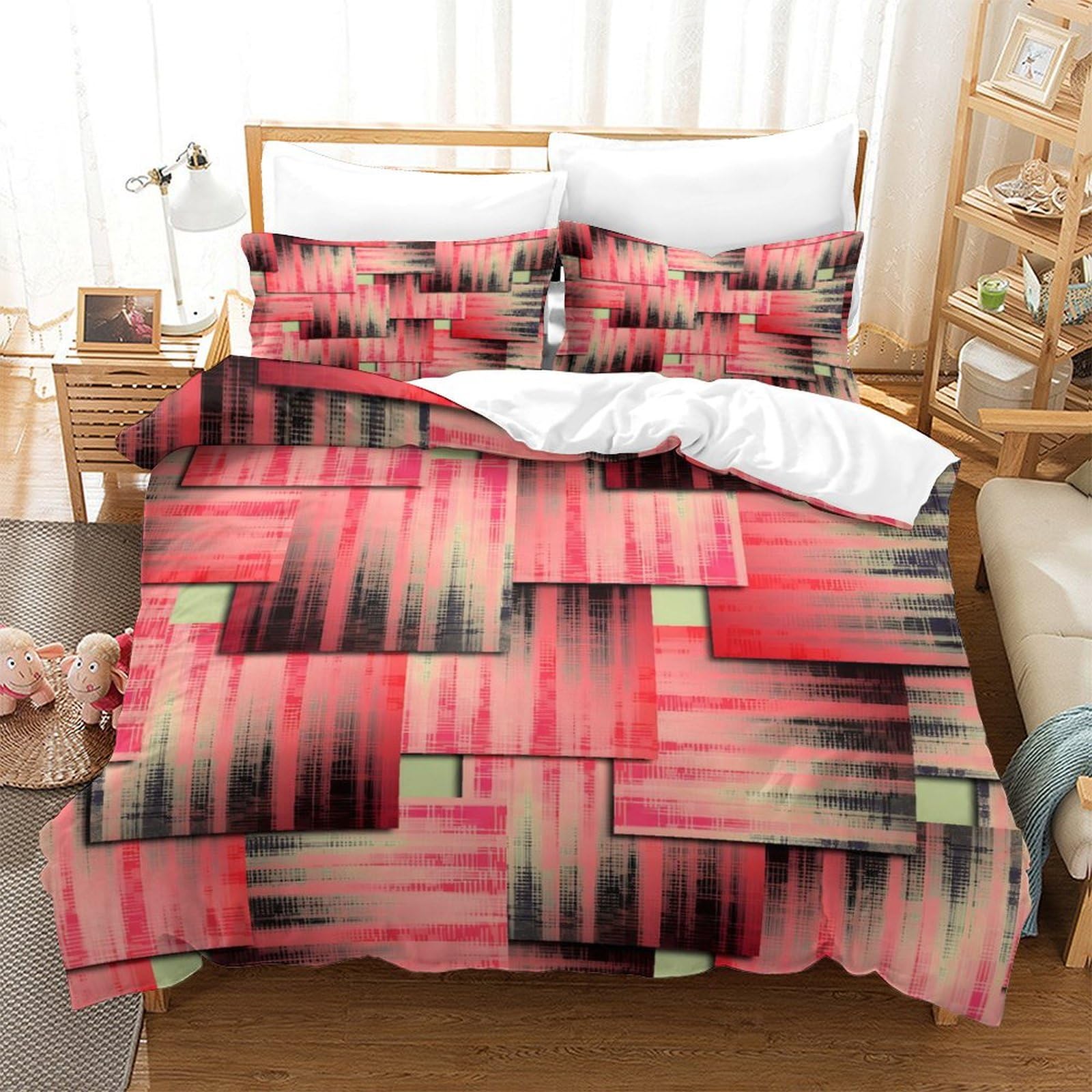 GDEKCIEAS Blurred Red Square Bedding Set Kids Comforter Cover Set for Boys Girls Teens Home Decor Duvet Cover Bedspread Cover 3Pcs Super King（260x220cm）