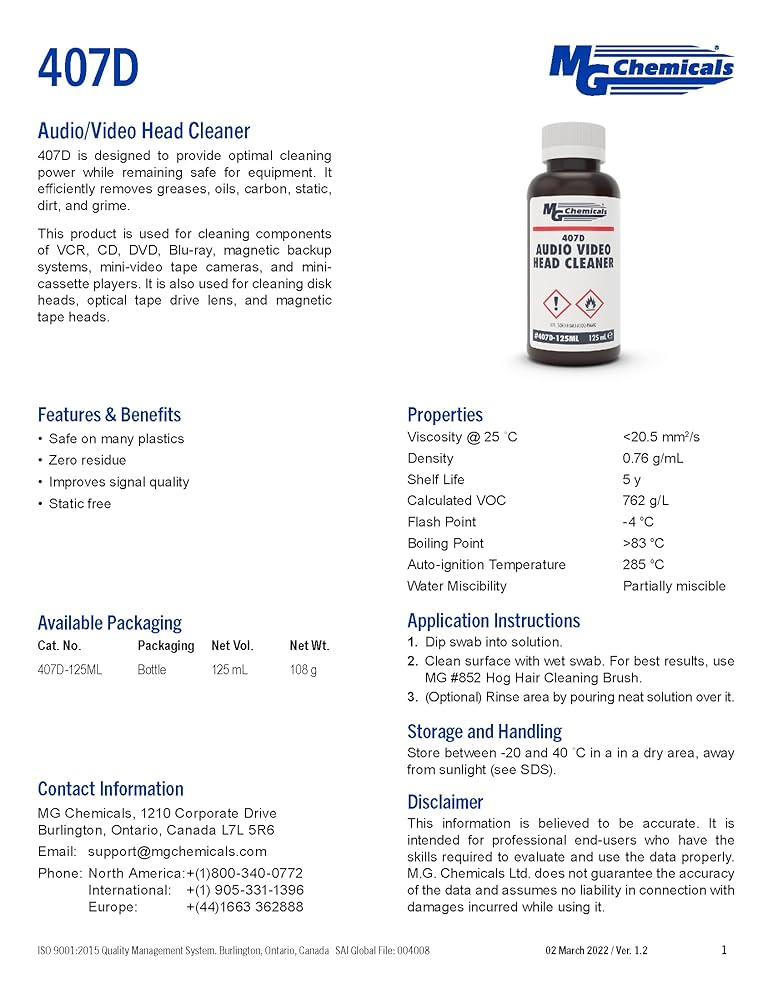 Amazon.com: MG Chemicals 407D Audio/Video Head Cleaner, 125