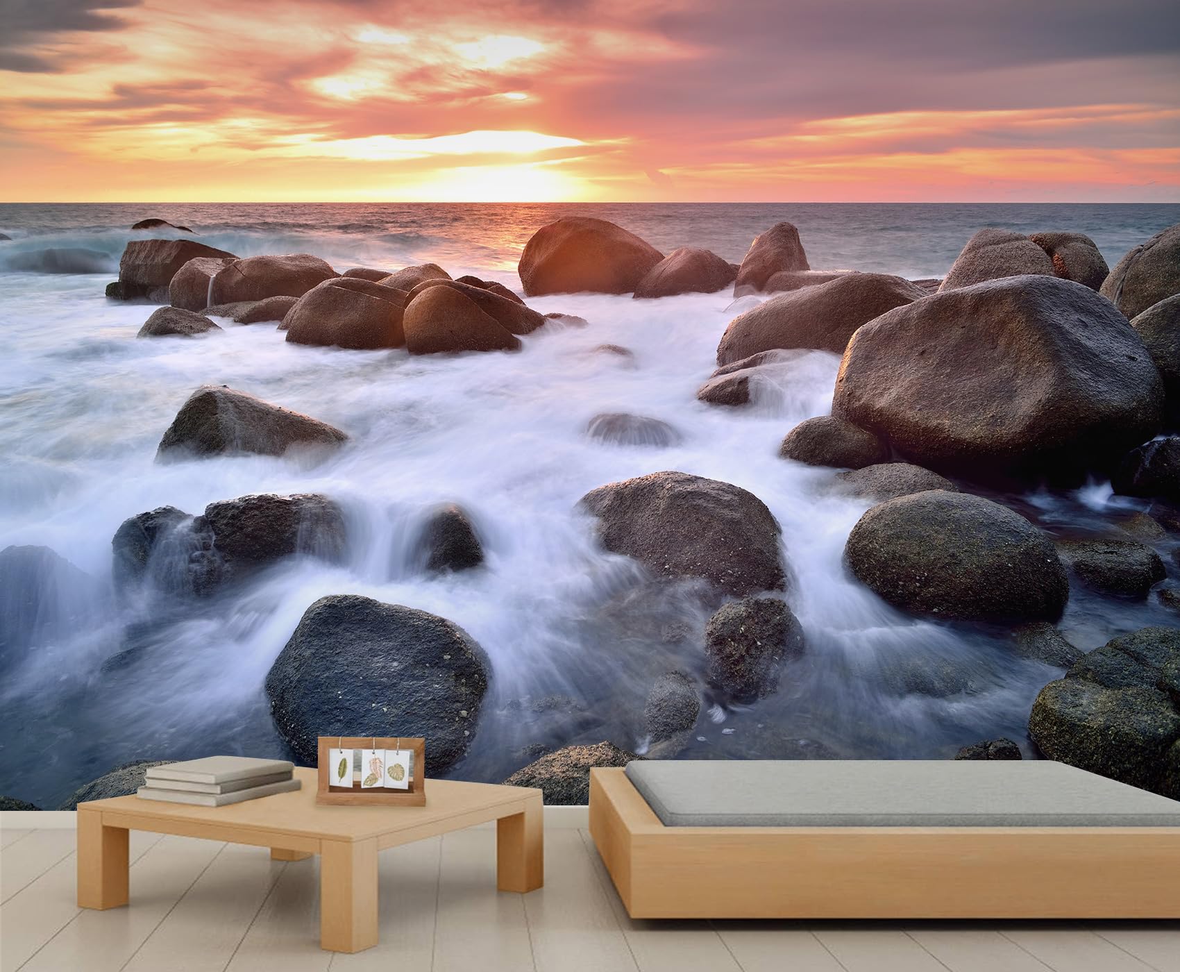 Papier peint plage rocailleuse coucher de soleil salon 200x140cm