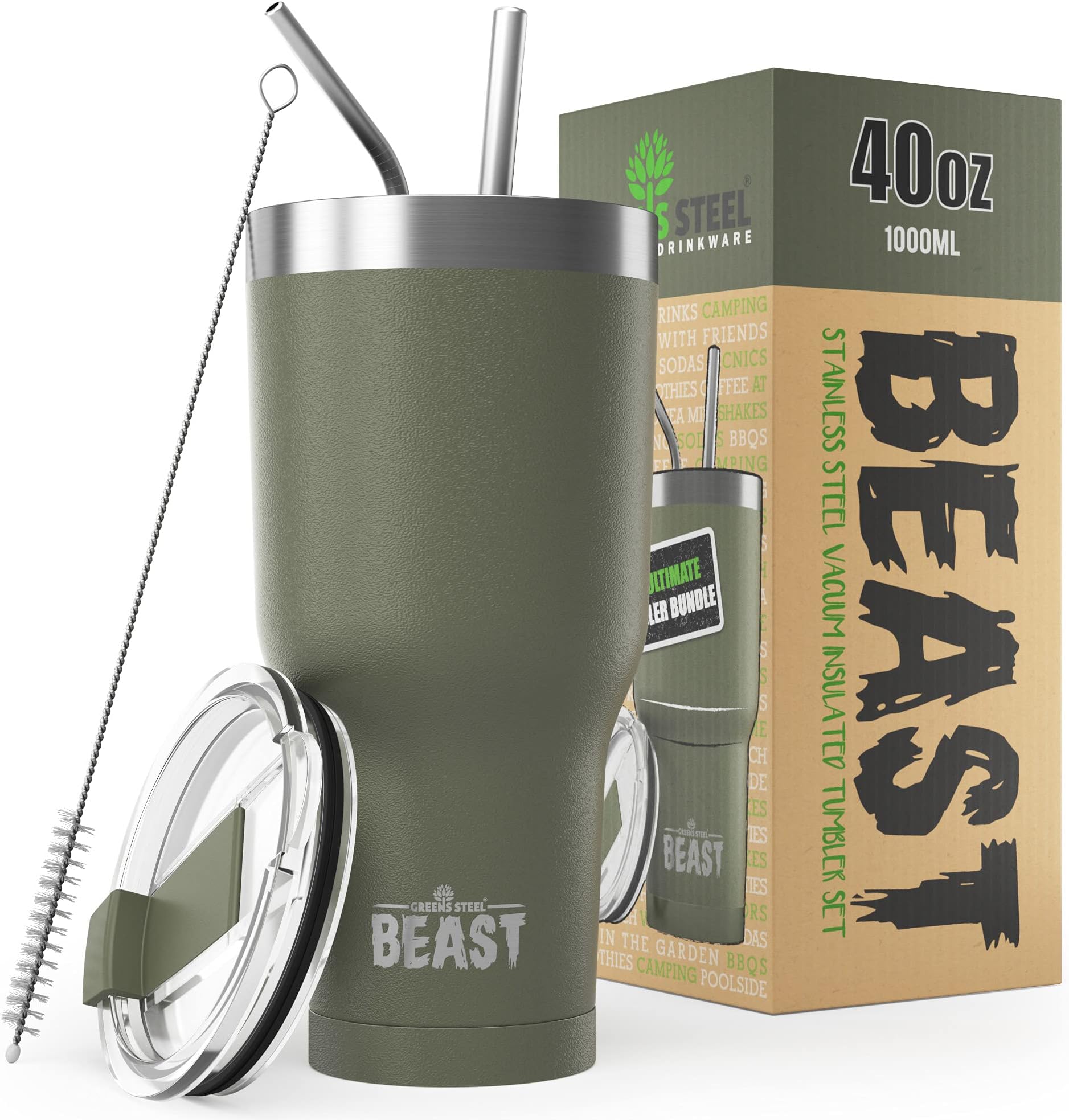 Greens SteelBeast 40 oz Tumbler Stainless Vacuum Insulated Coffee Ice Cup Double Wall Travel Flask (Army