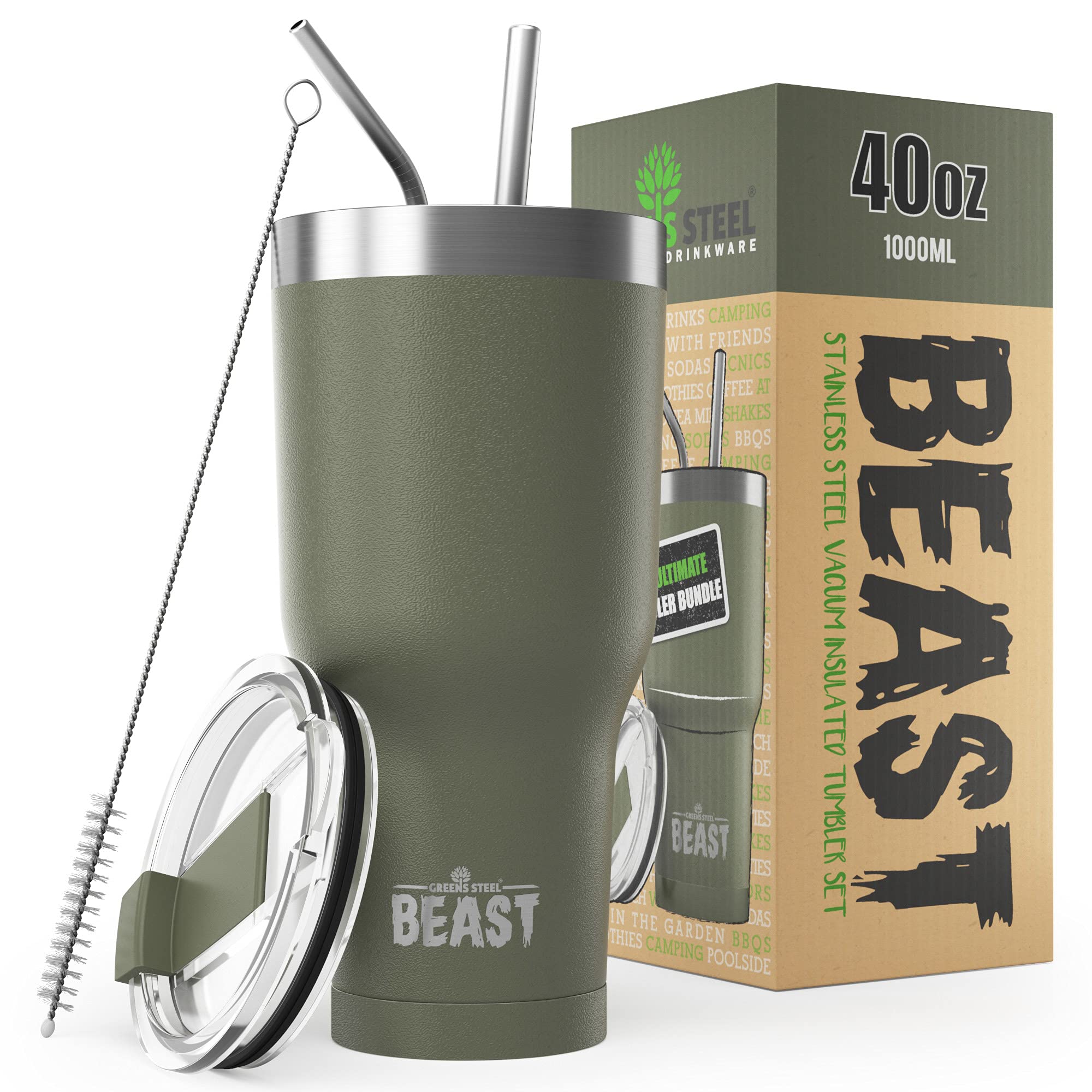 Greens SteelBeast 40 oz Tumbler Stainless Vacuum Insulated Coffee Ice Cup Double Wall Travel Flask (Army