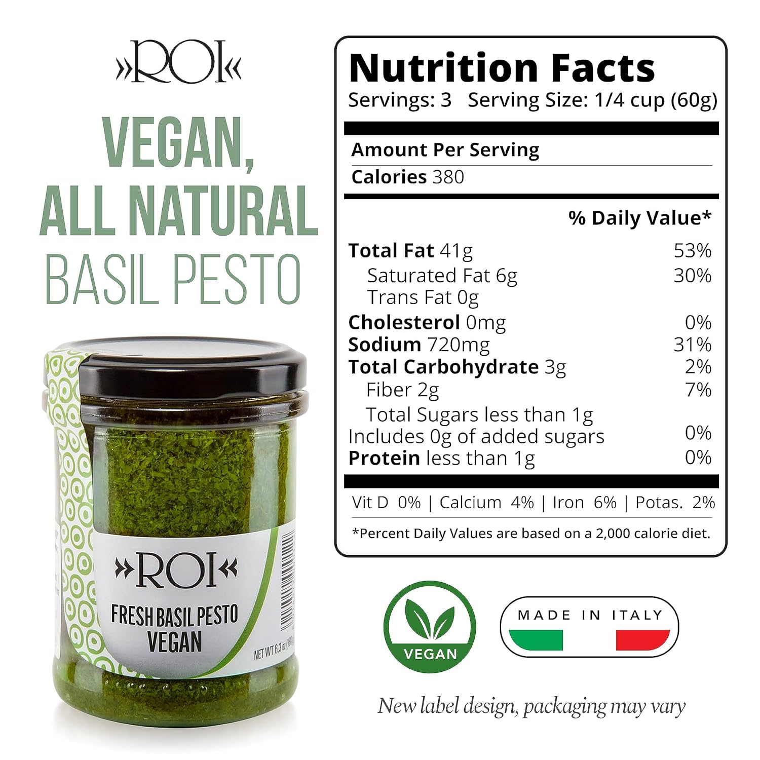 ROI Vegan Pesto Sauce - Fresh Ligurian Basil Pesto Made of Genovese DOP Basil and EVOO, Gluten Free, Keto Friendly, Non-GMO, Made In Italy - 6.3 oz (180 g) - Pack of 2