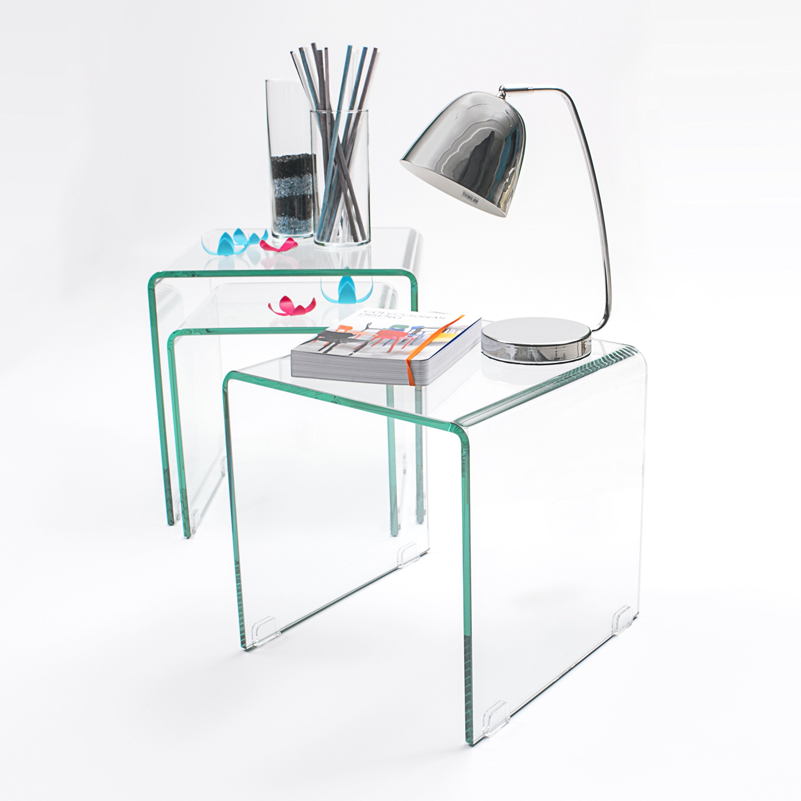 Homely® Juego de Tres Mesas Nido Murano 43-36-30 cm. | Cristal Curvado Templado de una Pieza Grosor 12mm. | Diseño Minimalista Ideal para Salones Modernos (Cristal Transparente)