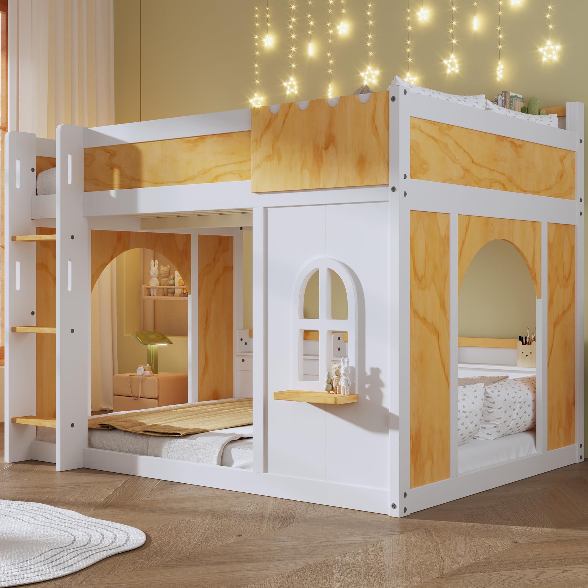SOFTSEA Full Over Full Bunk Bed Frame with Storage Shelves, Wooden Floor Bunk Bed with Playhouse Window & Guardrail for Kids & Teens, No Box Spring Needed, Natural + White