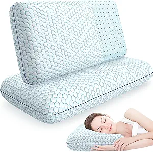 Memory Foam Pillows for Side, Back and Stomach Sleepers, Set of 2, Bed Pillow with Washable Cover and Breathable Mesh, Bed Pillow for Sleeping (Blue,Queen Size)