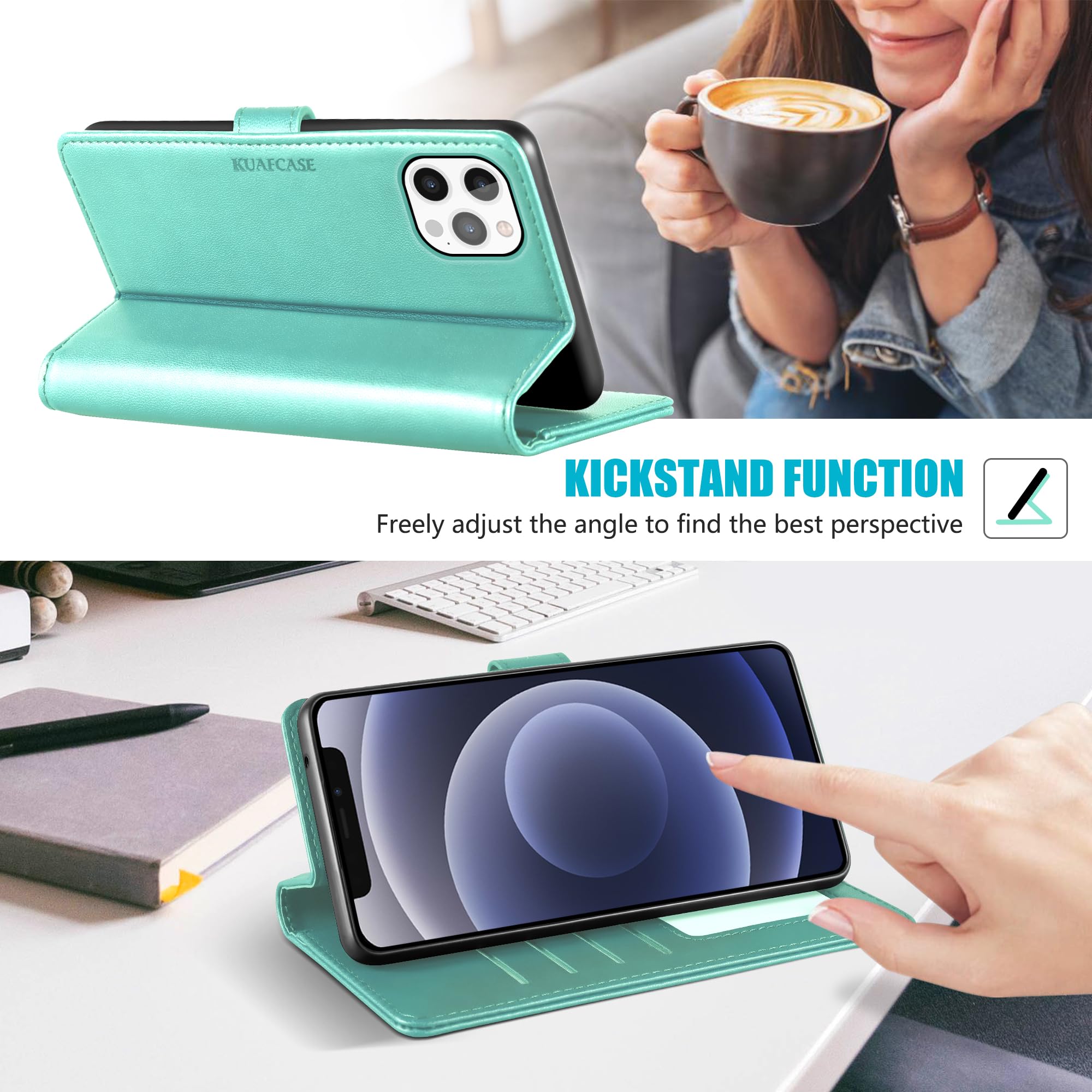 Kuafcase Compatible for iPhone 12 Pro Max Case with 4 Card Slots Magnetic Closure Kickstand Shockproof Protective Phone Case Compatible for iPhone 12 Pro Max - Image 4
