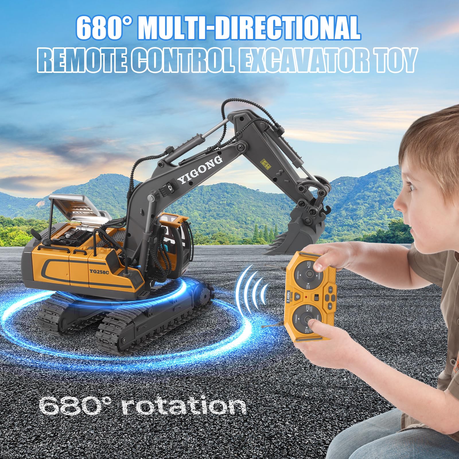 Excavadora con mando a distancia con luz y sonido para niños 3-12, 2,4 GHz Recargable rc Excavadora Metal Control remoto con pala de aleación y rotación de 680°, regalo para niños de cumpleaños y