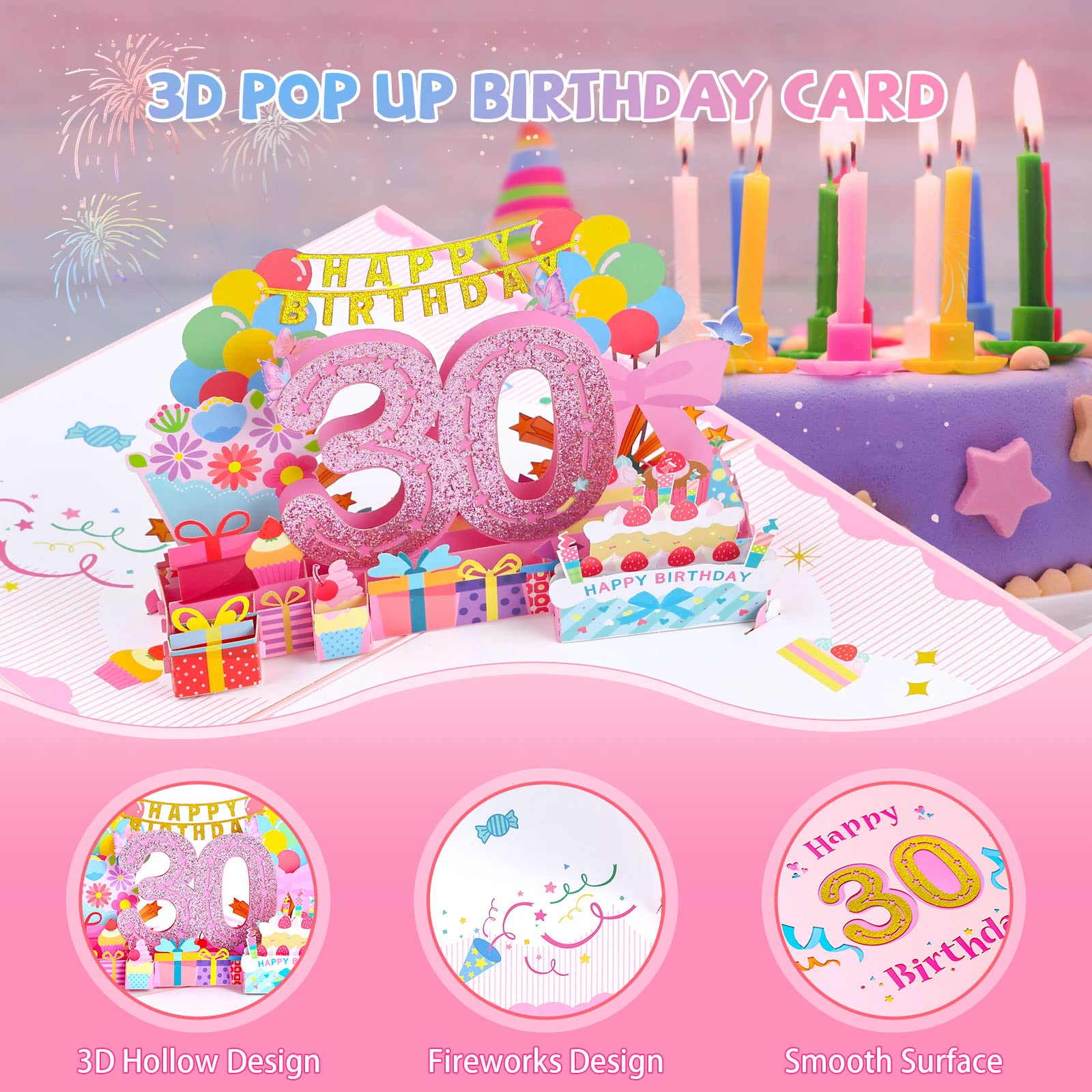 Joyoldelf 30. Kartka urodzinowa, kartka z życzeniami typu pop-up, 3D, kartka urodzinowa z kopertą, dla kobiet, matek, dziewcząt, mężczyzn, przyjaciół, romantycznych kart podarunkowych