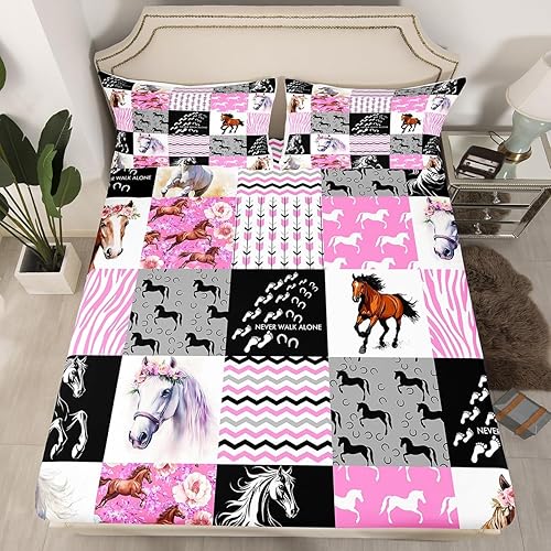 Juego de ropa de cama con diseño de caballo rosa para niñas, tamaño Queen, vaquera occidental, diseño de animales de granja para niños y mujeres,