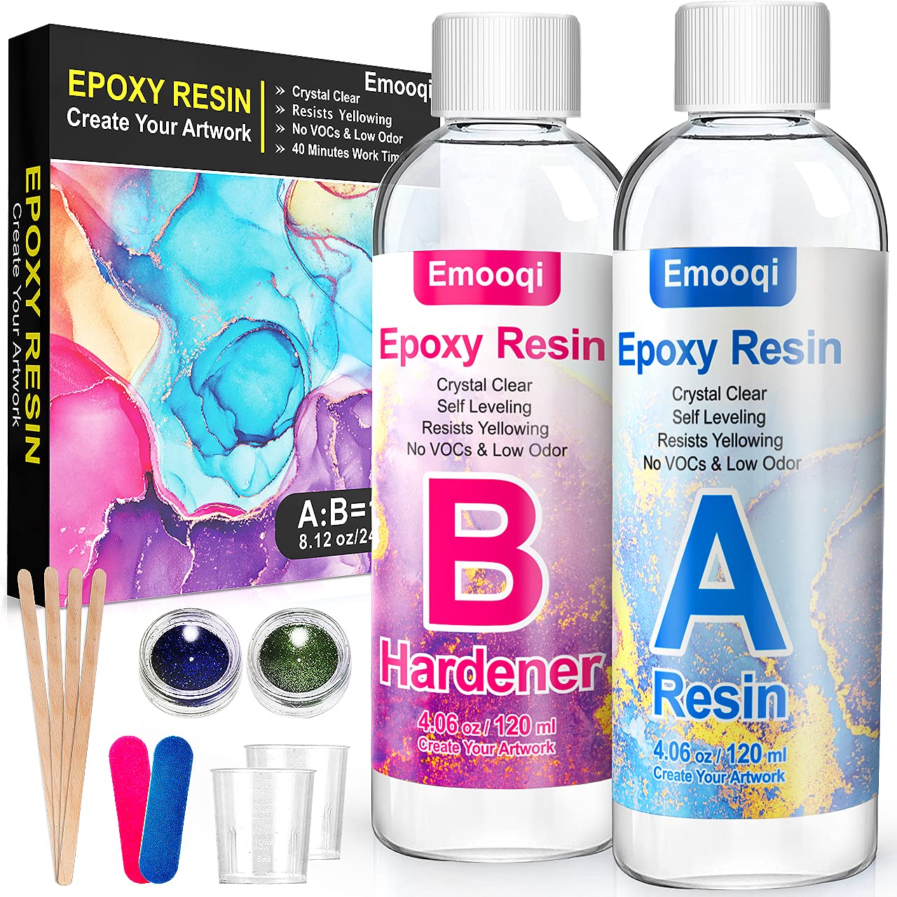 Photo 1 of Epoxy Resin Kit, Emooqi 8.12 oz Including Resin and Hardener, Easy Mix 1:1 Ratio Resin Epoxy with Stirring Rods,Frosting rods,Measuring Cups,Gloves,Glitter Powder,Suitable for Jewelry,Art,Craft.