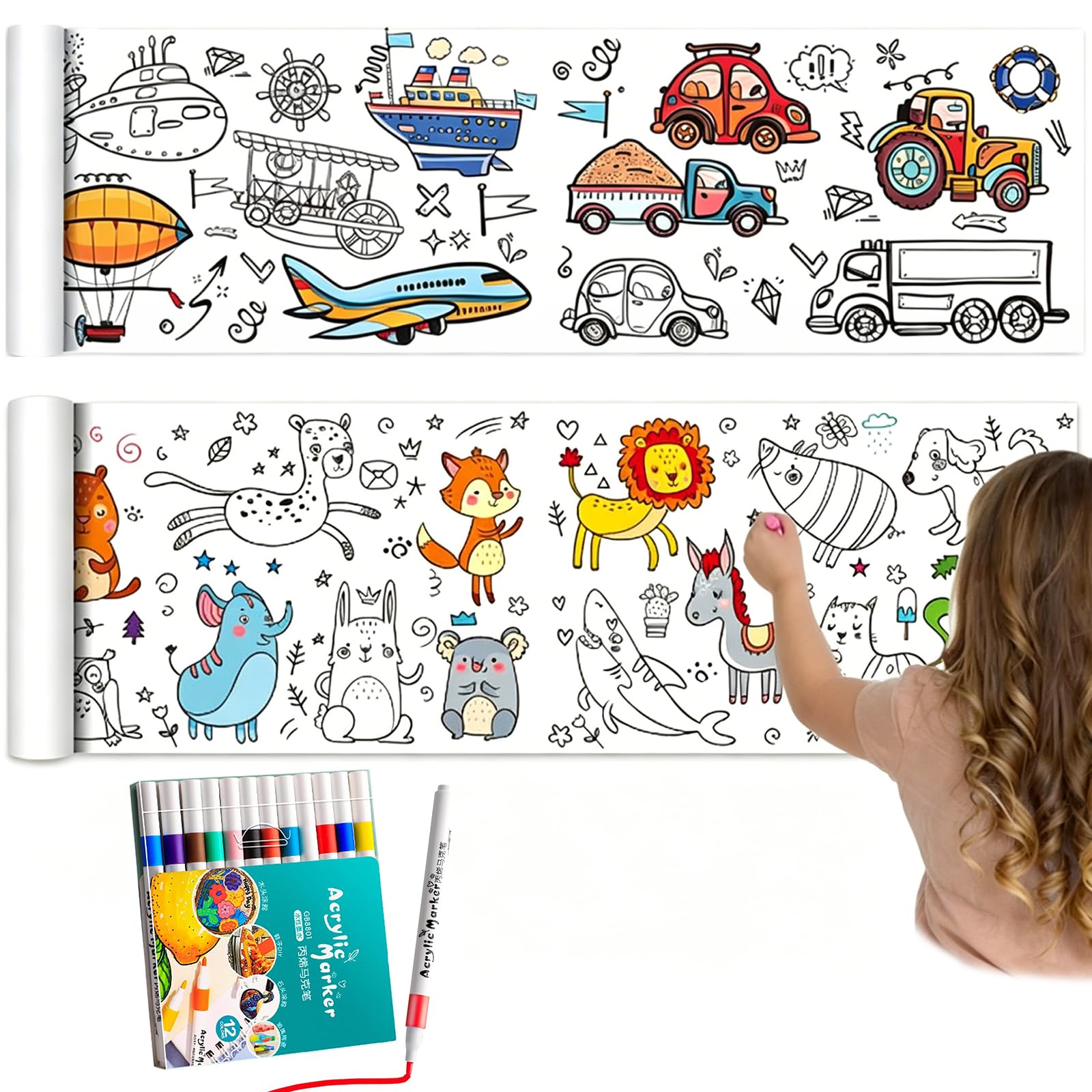 2 Rolls Paper Roll with 12 Colour Markers for Family, Roll of Paper for Family, 300x30 cm Drawing Paper Roll for Family, DIY Colouring Paper, Creative Indoor Activities, Fine Motor Skills Development