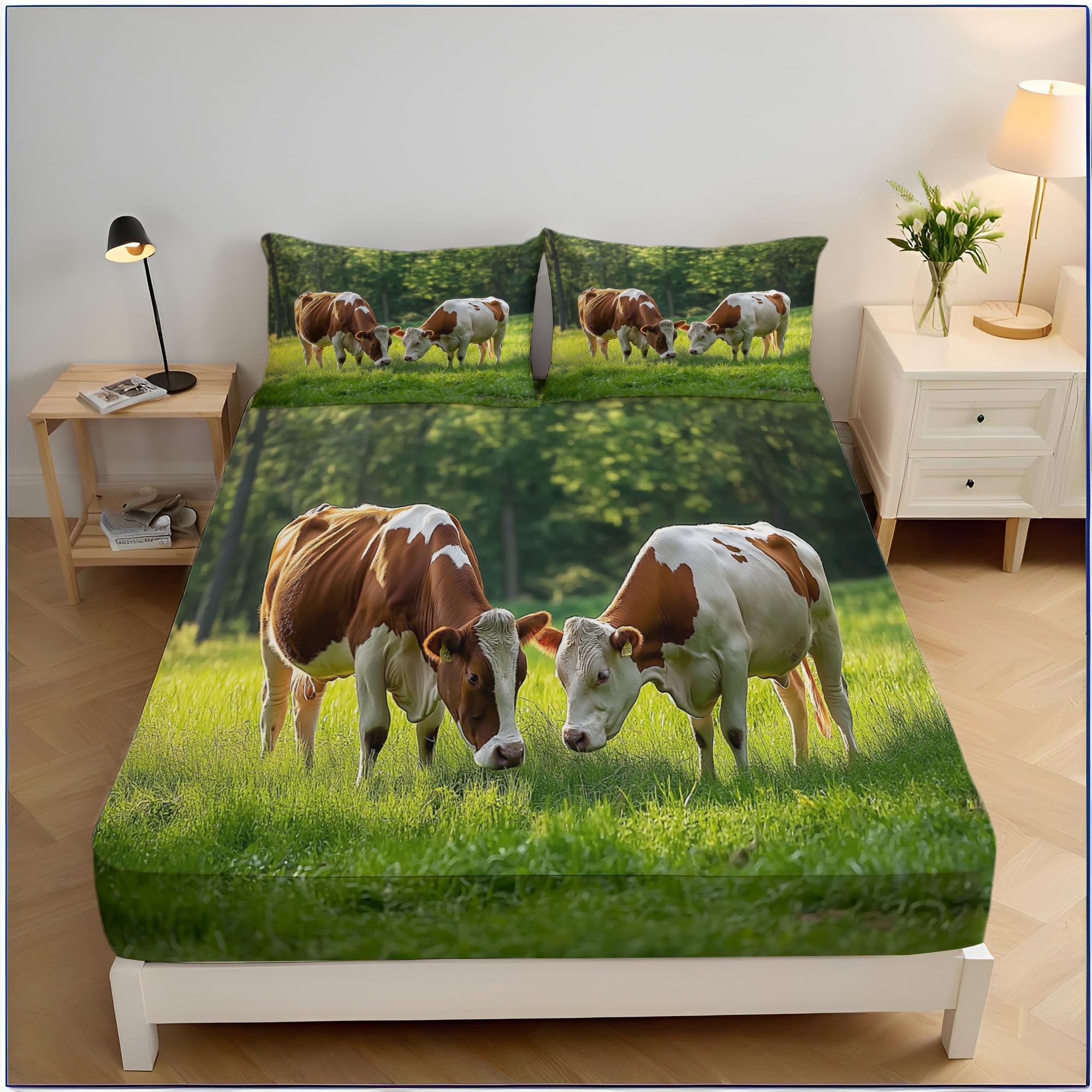 Drap housse 140x200cm vaches de campagne et parure de lit grand bonnet poche profonde