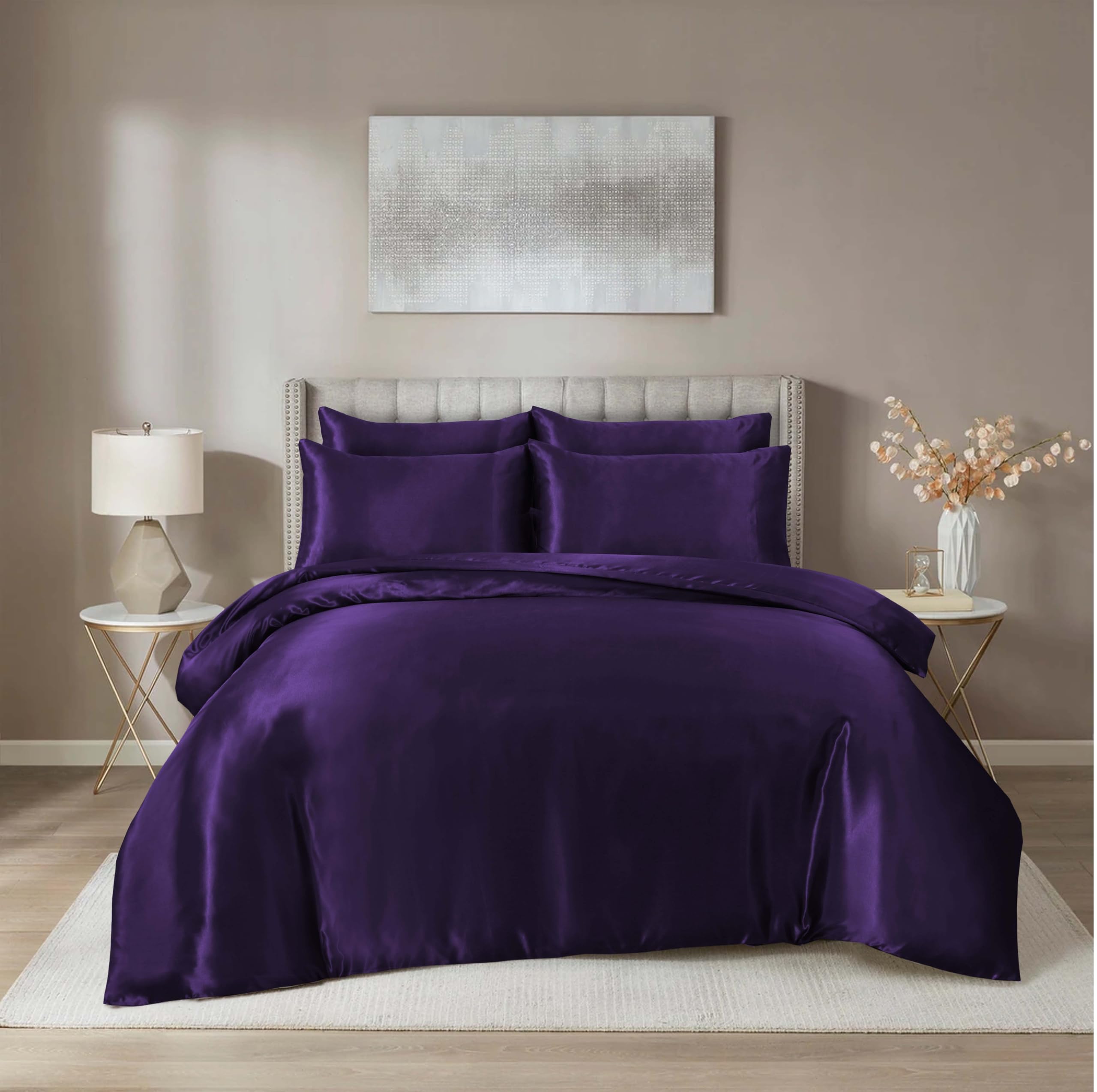 Hadi London Satin Silk 6 Piece Complete Bedding Set with Silky Deep Fitted Sheet Reversible Duvet Cover Comforter & 4 Pillowcases for Single Double King Super King Size Bed (Aubergine, Single)