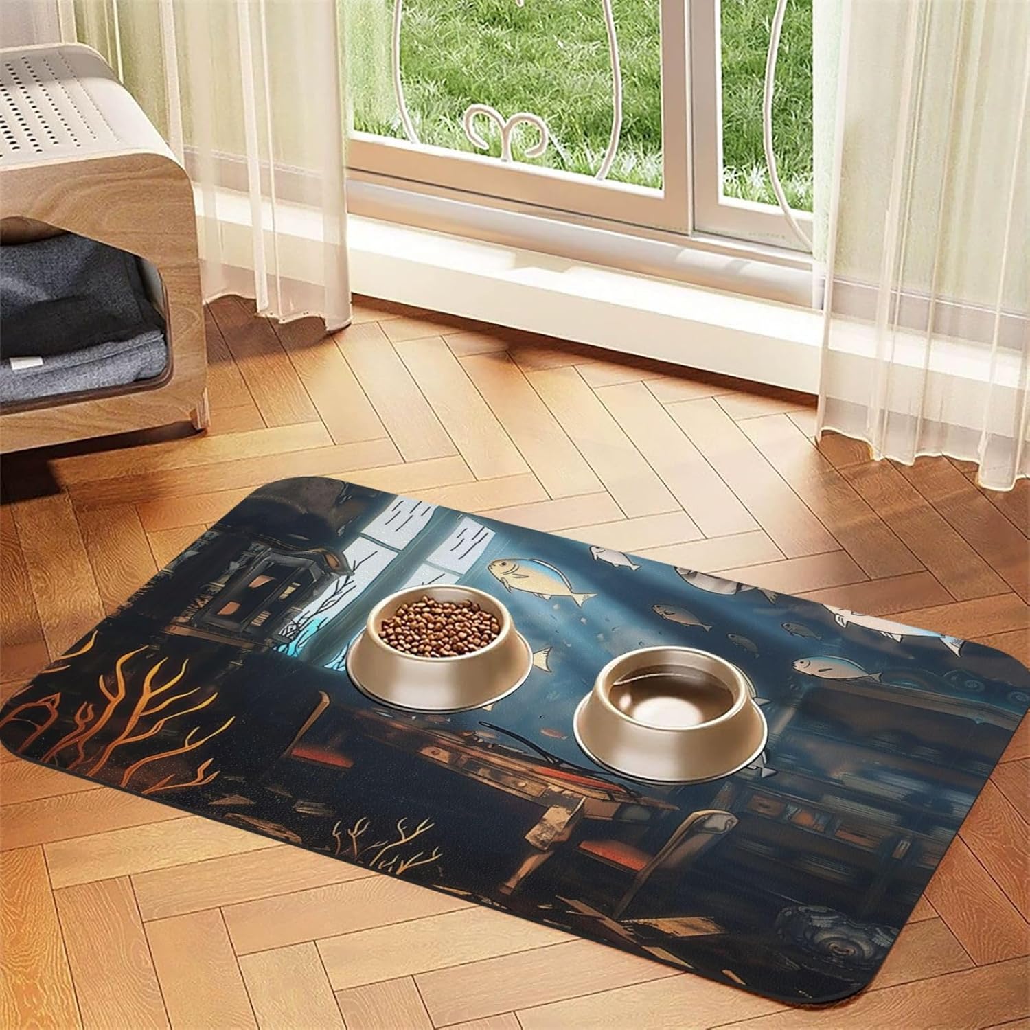 Fish Floating in thebedroom Pet Feeding Mat Dog Cat Eating Food Absorbent Leather Tablecloth for and Water Bowl Waterproof No Stains Quick Dry Non-Slip 23.62 * 15.75IN